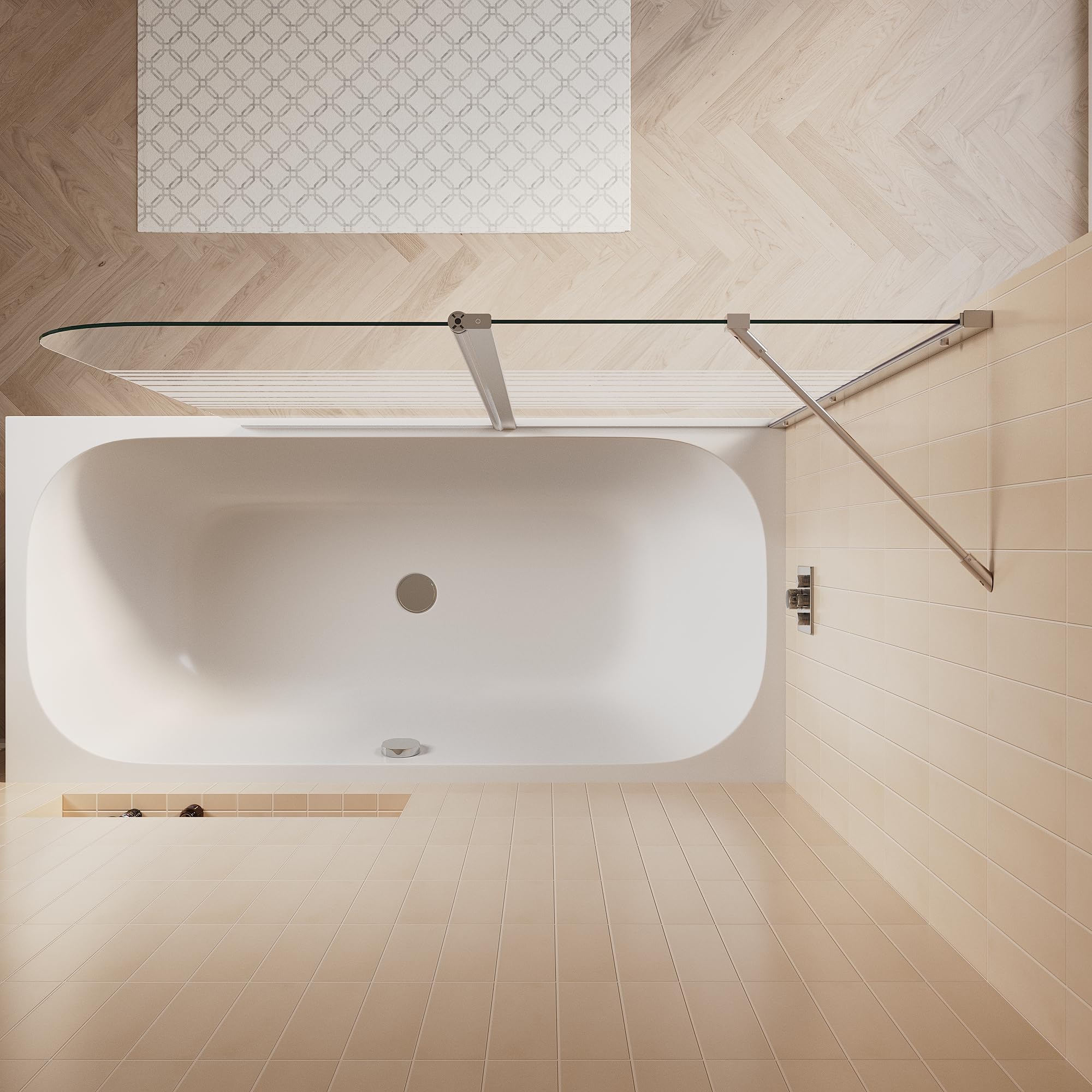 SIRHONA Paroi de baignoire 120x140cm, aluminium argenté brillant, motif rayé givré, paroi de douche rabattable et pivotante à 180°, peut être installée à gauche ou à droite, verre trempé 6mm