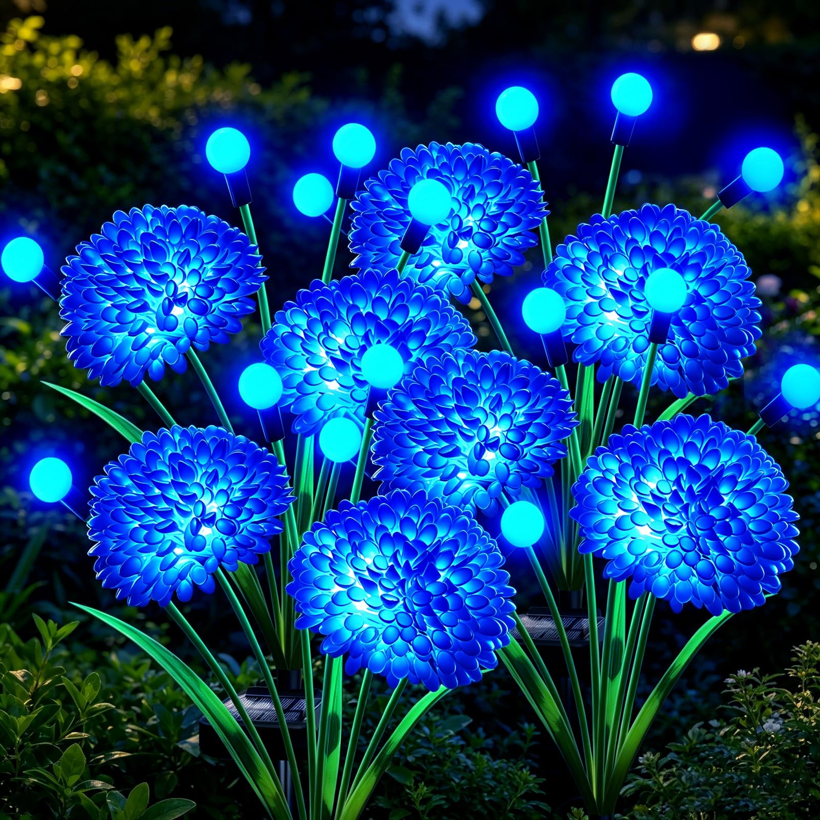 Solar-Gartenleuchten, 4 Stück, blaue Solar-Lichter mit schwingenden Glühwürmchen-Lichtern mit Blumen, wasserdichte blaue Blumen, Licht für den Außenbereich, für Garten, Terrasse, Hof, Weg