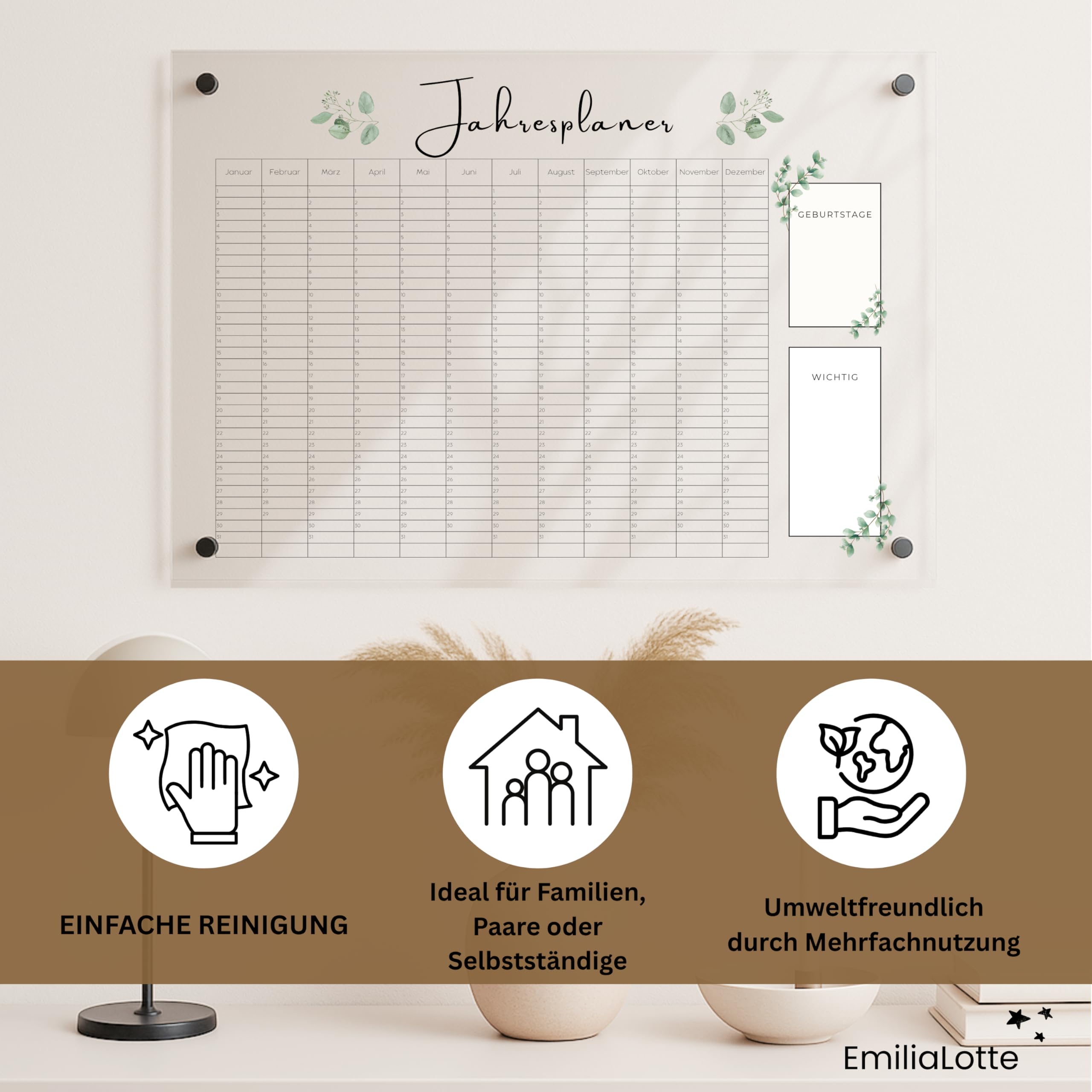 EmiliaLotte Personalisierter Familienplaner aus hochwertigem Acryl I Abwischbarer Wand Kalender für die ganze Familie I Wiederverwendbarer Jahresplaner mit Einkaufsliste, Menüplan & Mehr - Eukalyptus