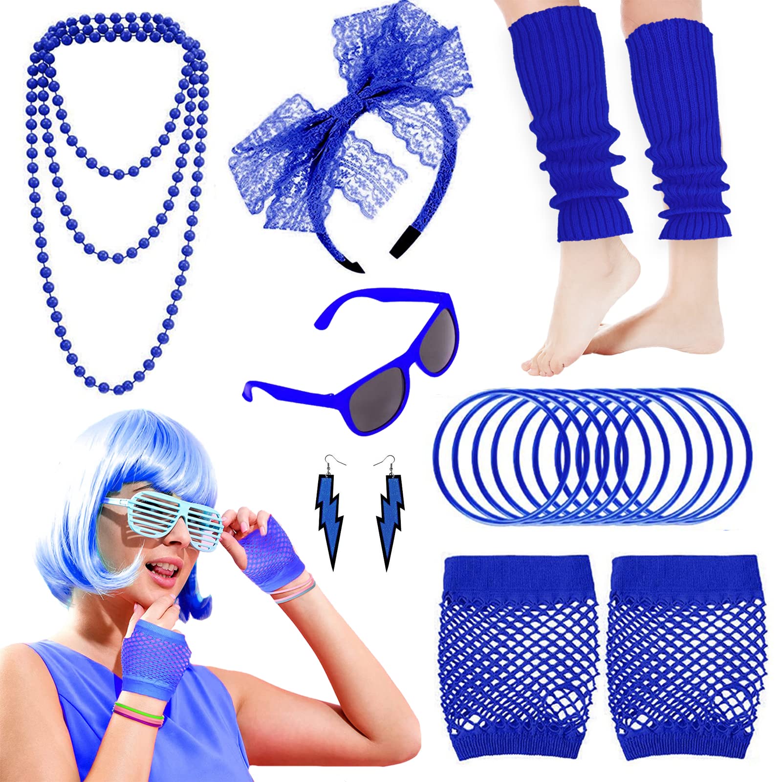 19Pcs Ladies 80s Accessories, Blue 80s Fancy Dress for Women with Lightning Earrings Necklace Fishnet Gloves Headband for Retro Parties Hen Do Parties Girls Kids-Blue