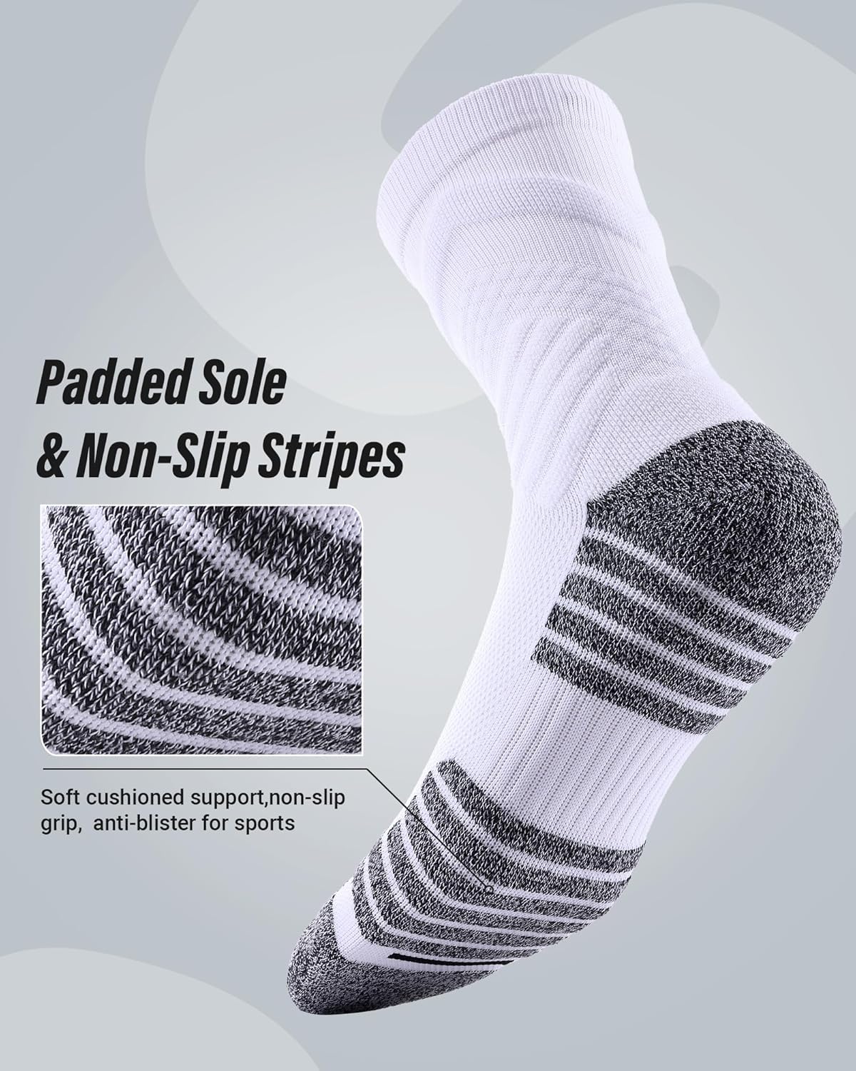 Compression Athletic Socks, 3 Pairs, Performance Crew Socks, Anti-Blister Moisture Wicking Cushion Sport Socks