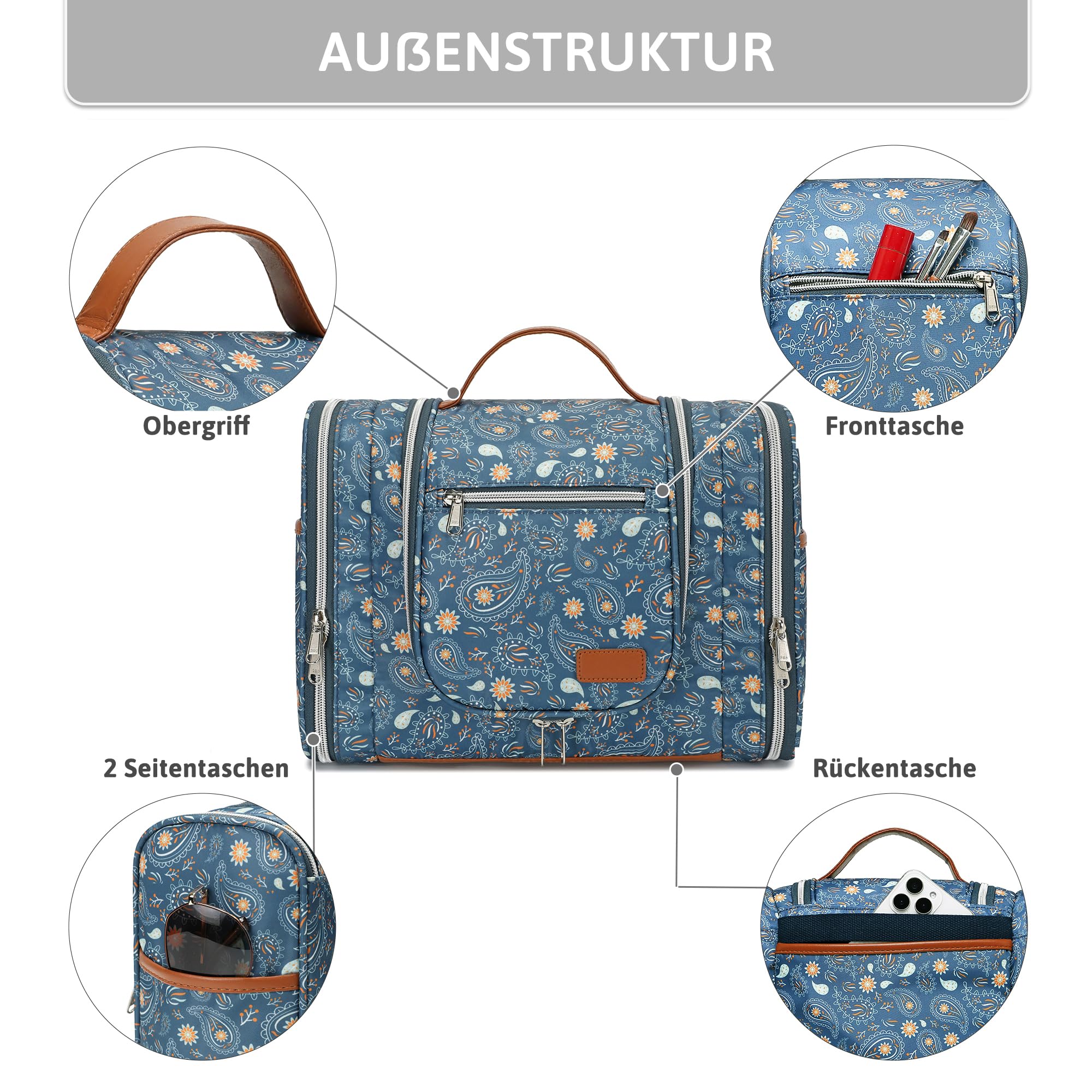 Pearl Angeli Neceser grande para mujer, neceser para colgar, A4-azul Paisley Flores, Neceser | Neceser de viaje grande bolsa de aseo organizador de maquillaje con gancho y asa, bolsa impermeable