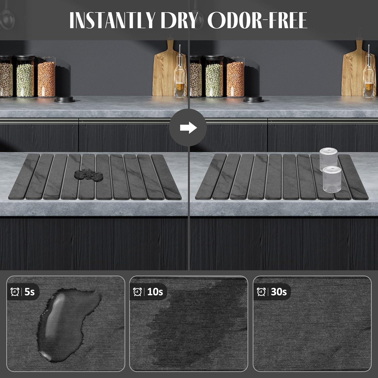 2 PCS Large Stone Dish Drying Mat for Kitchen Counter, 24"×16" Marble Dish Drying Mat with 8"x 4" Coasters, Non - Slip Collapsible Absorbent Mat for Multi - Purpose, Match Any Countertop - Grey