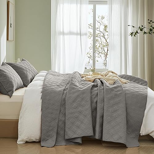 Miniatura 3 de inron Juego de edredón tamaño Queen, colcha ultrasónica de microfibra gris, colcha ligera y transpirable, juego de ropa de cama delgado con patrón
