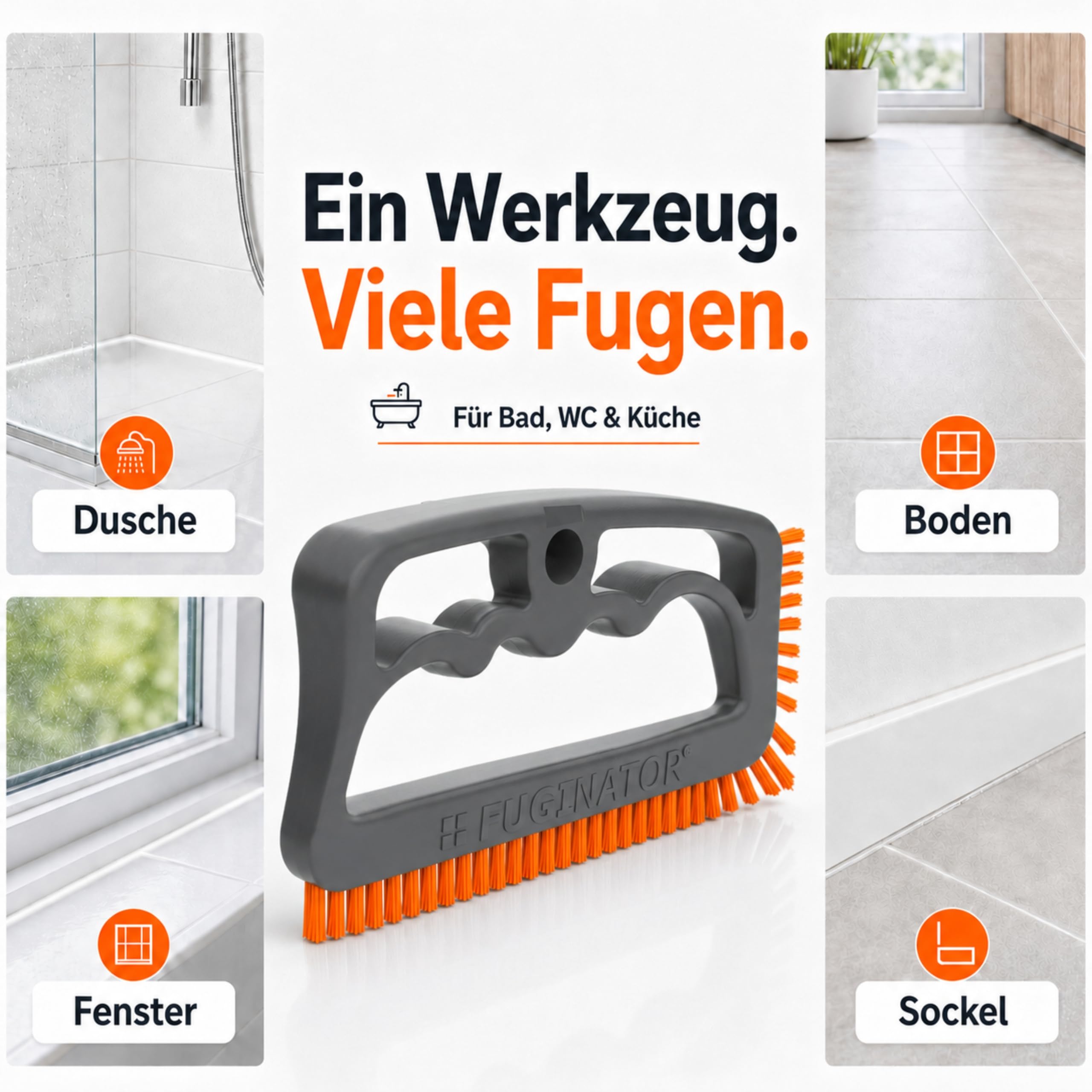 FUGINATOR® Spazzola per fughe – Spazzola per la pulizia delle fughe del bagno, WC, cucina, Pulizia di pareti e pavimenti – Pratica spazzola per fughe e piastrelle (Grigio/Arancione)