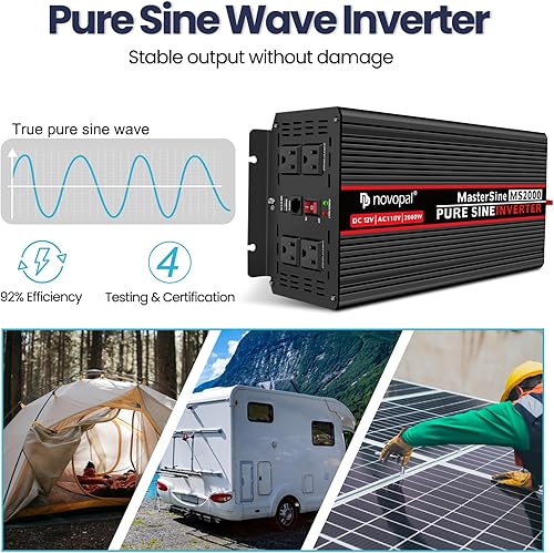 Miniatura 4 de Novopal Inversor de corriente de onda sinusoidal pura de 2000 vatios, 12 V CC a 110 V120 V, convertidor de CA con 4 salidas de CA, inversor de