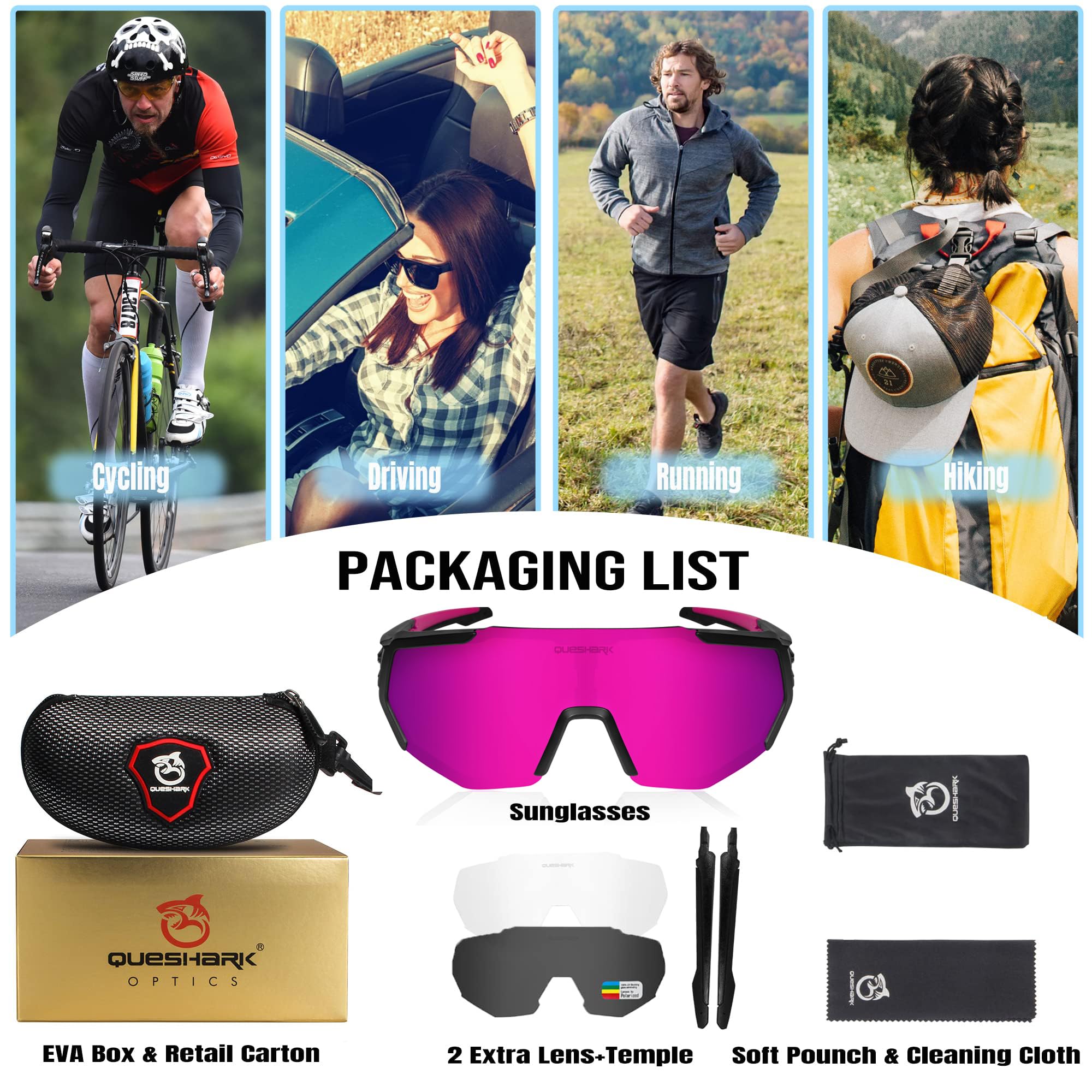 Queshark Polarizzati Anti-UV Occhiali da Ciclismo Bici MTB Intercambiabili per Sport Uomo Donna Guida Pesca Golf Baseball Corsa