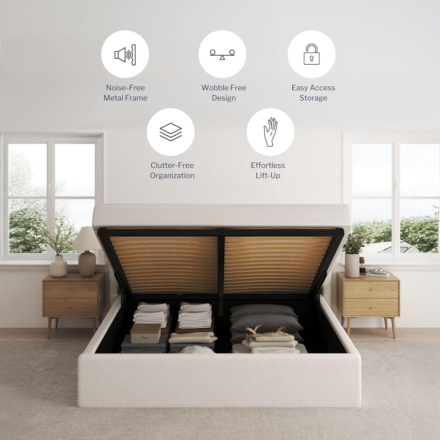 Aura Beige Buttercream Upholstered Queen Size Bed Frame with Storage, Upholstered Headboard, Modern Wingback Design Bed, Metal Queen Bed Frame with High Headboard, No Box Spring Required Queen (U.S. Standard) Biege Buttercream