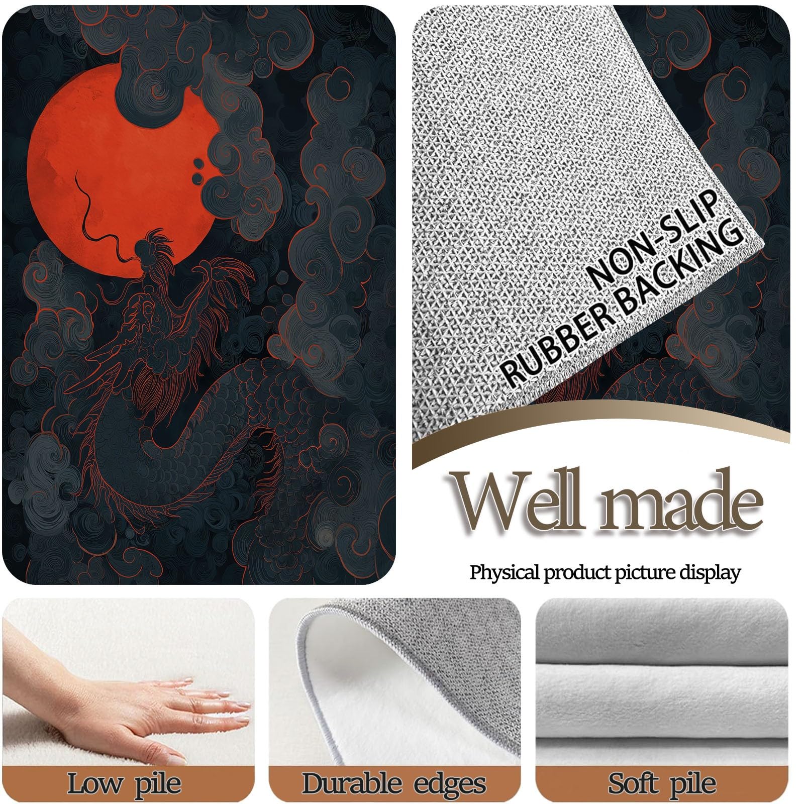 Alfombra antideslizante lavable con diseño de dragón chino y luna roja, 160 x 230 cm, alfombra antideslizante para dormitorio, sala de estar, alfombra de suelo de pelo corto, fácil de limpiar