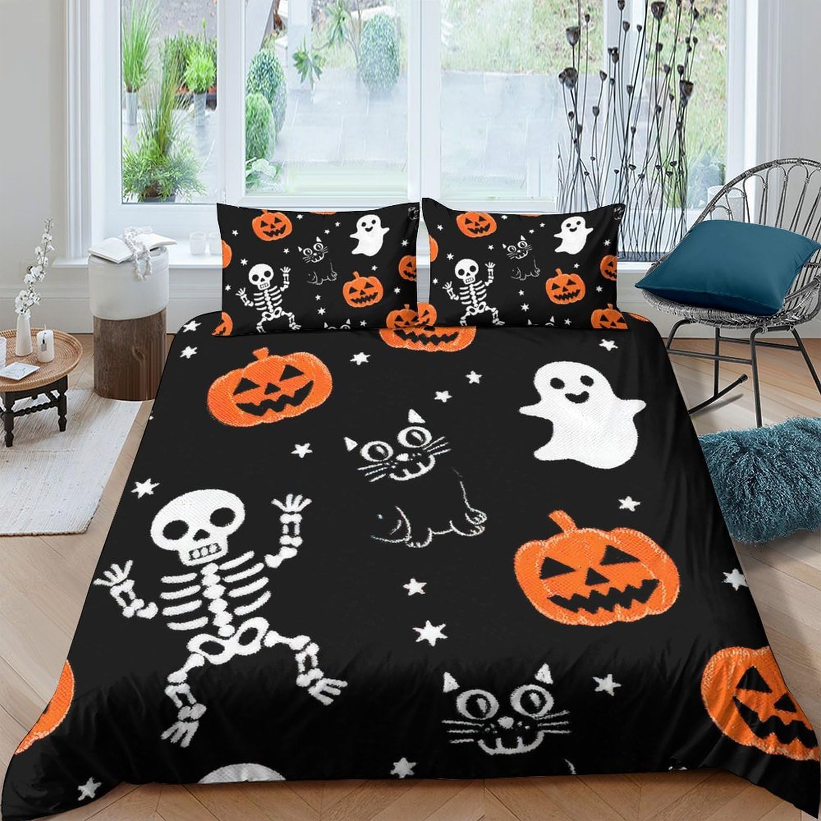 Ctjqhvkz Style-3 3D Printed Halloween Skeleton Fitted Sheet Microfiber Soft Black Ghost Pumpkin Mattress Cover For Bedroom Dorm Decor Single（135X200cm）