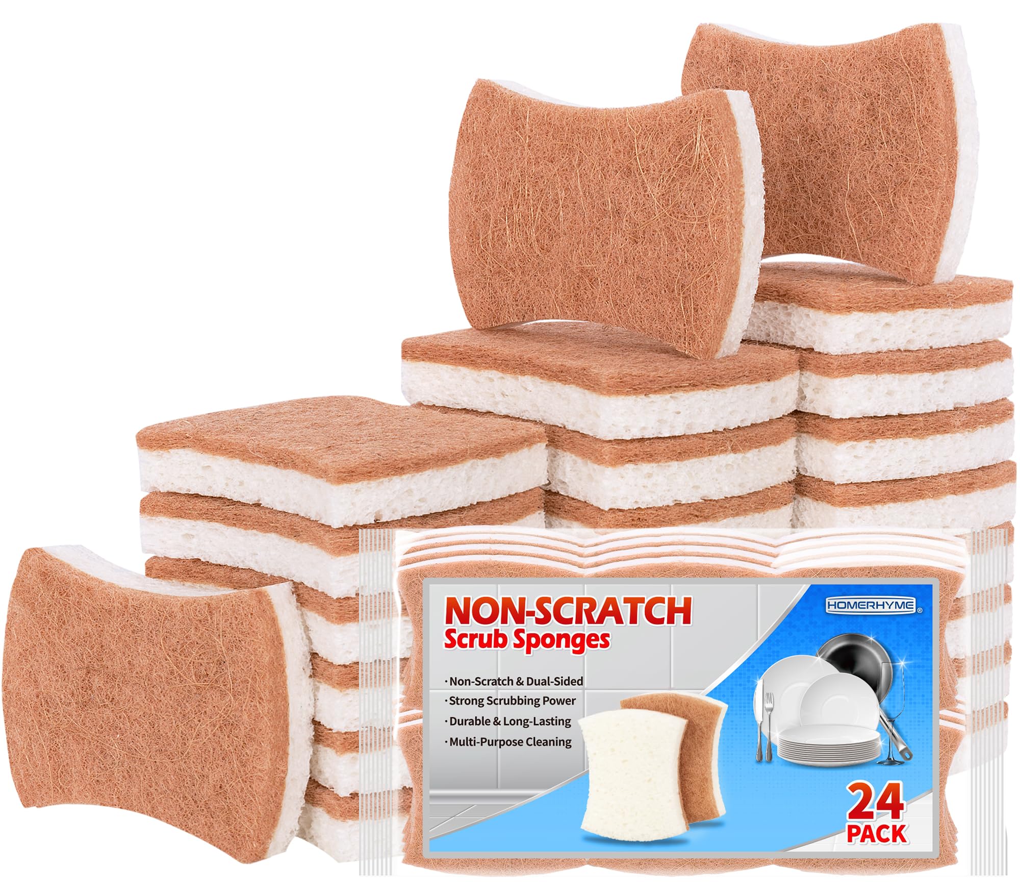 HOMERHYME Naturalna gąbka do naczyń, 24 sztuki, odporna na zarysowania, ekologiczna, wielofunkcyjna gąbka celulozowa, biodegradowalna, bez zapachu, dwustronna gąbka do mycia naczyń i czyszczenia w