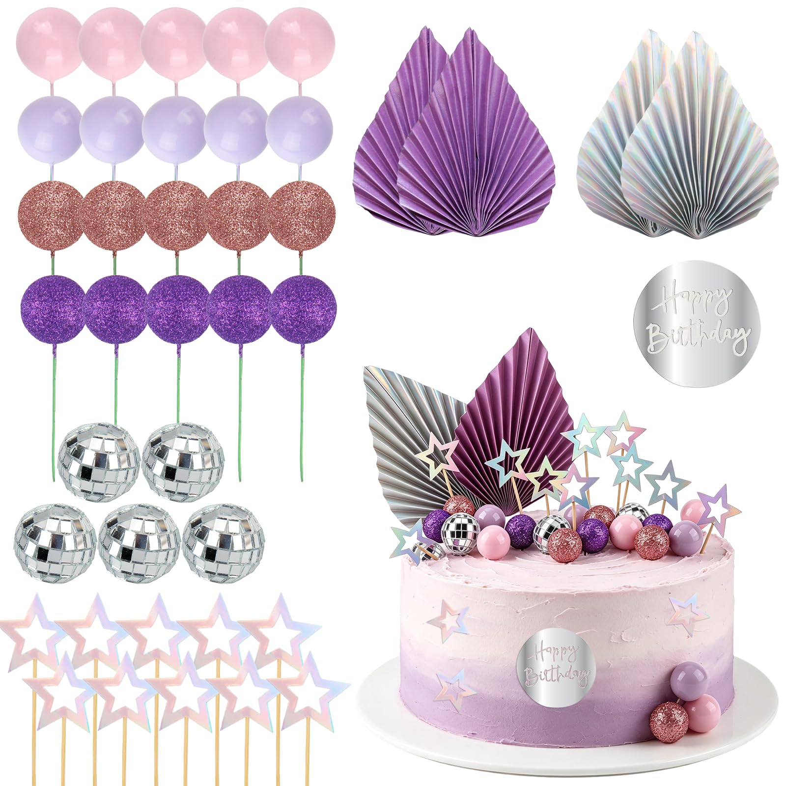 CHENYU 40 Pcs Purple Cake Decorations Disco Ball Cake Decorations