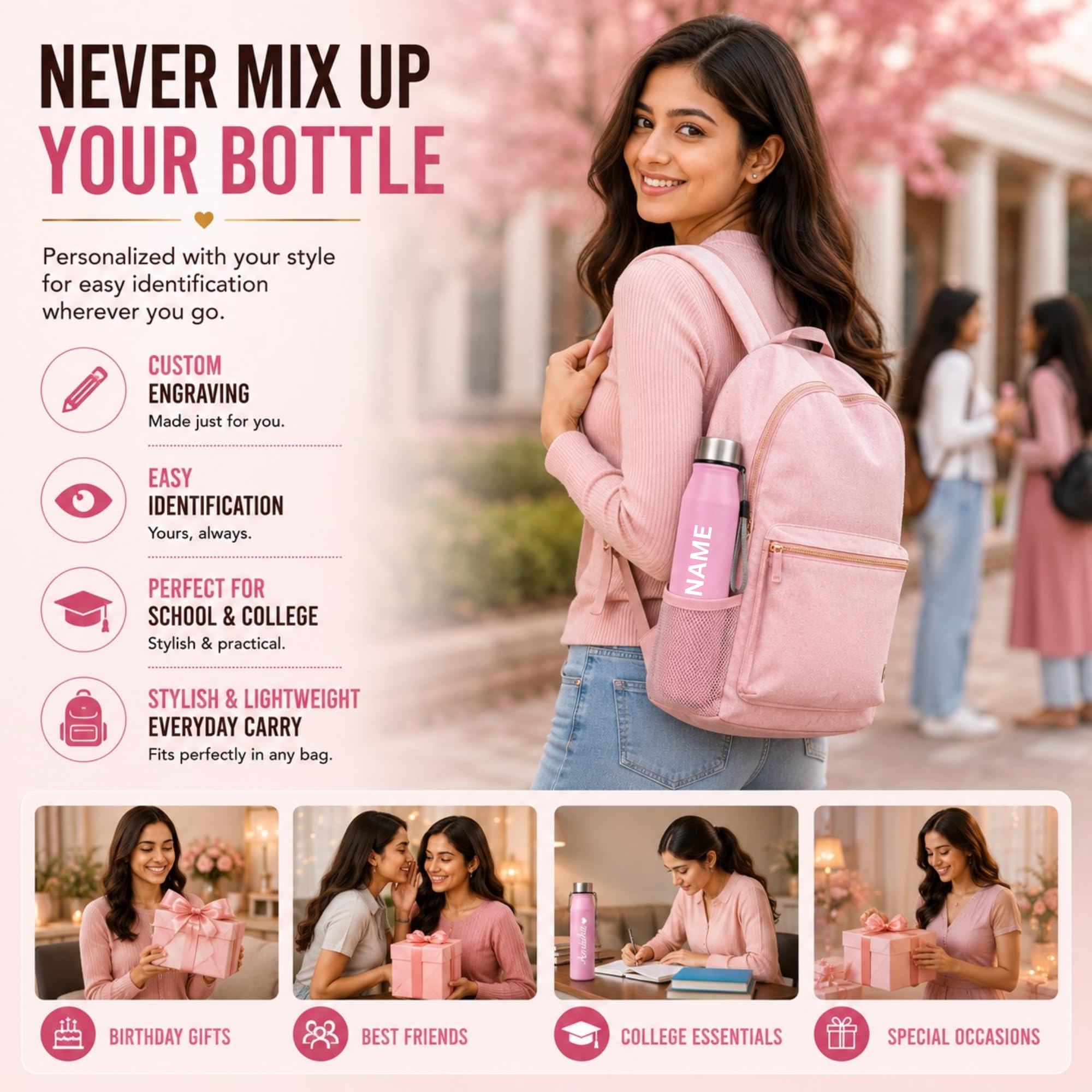 Personalized Name Engraved Water Bottle 1 Litre (Pink)| Custom Laser Engraved Stainless Steel Bottle |Leakproof Water Bottle with Carry Loop for Gym, Office & School |Gift for Kids, Men & Women. — Amazon image 4