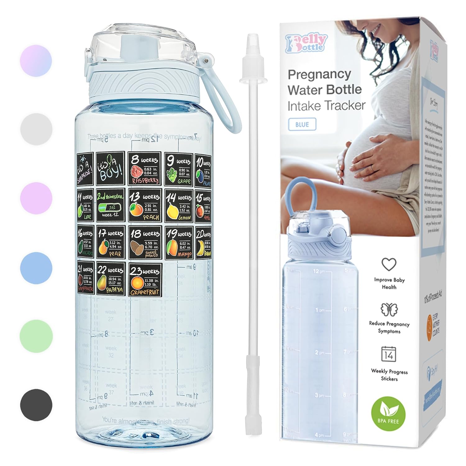 BellyBottle Pregnancy Water Bottle Tracker (BPA-Free) Pregnancy Must Haves First Trimester - Pregnancy Gifts for Women - Pregnancy Essentials for Nausea Relief (includes Weekly Stickers + Straw) Blue