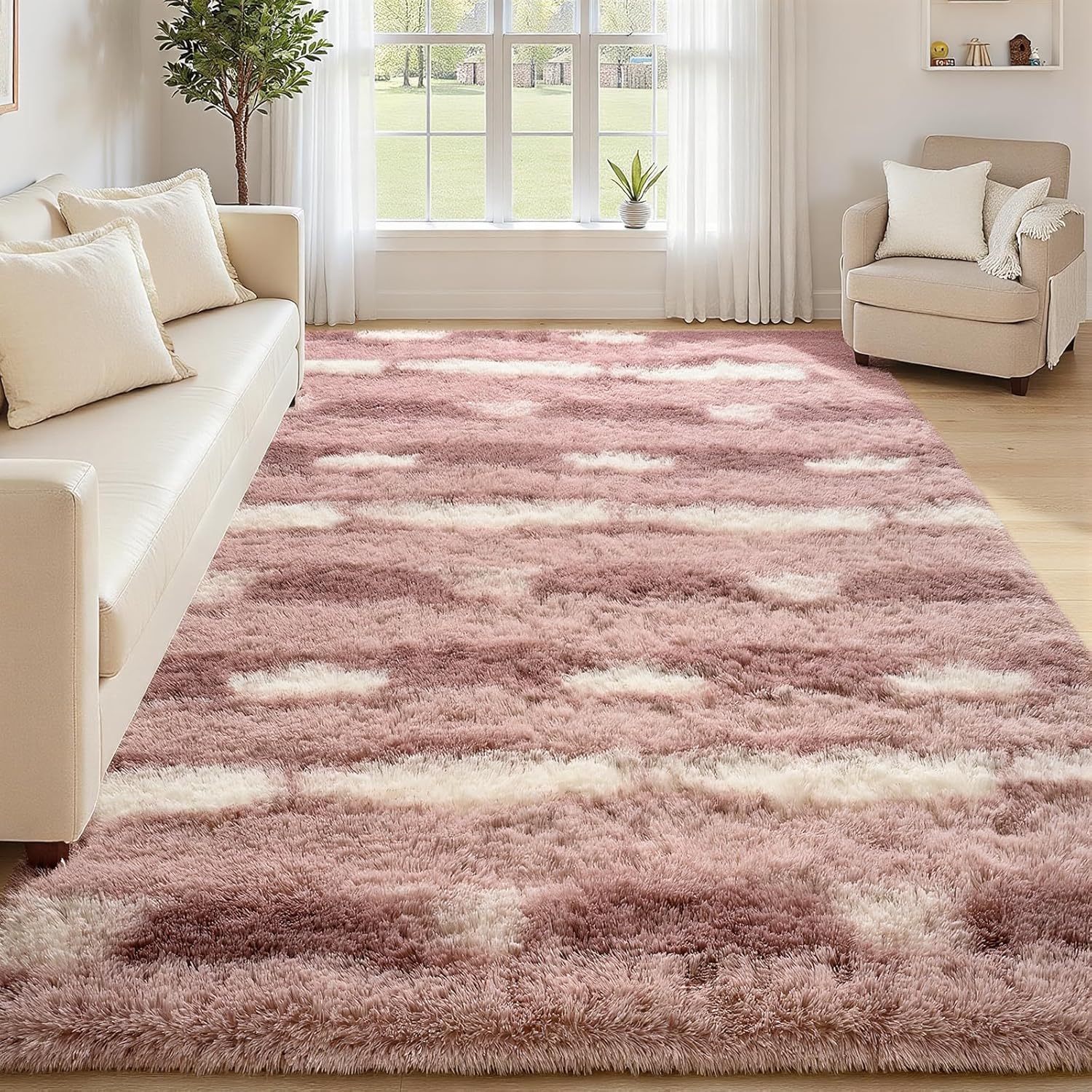 Pink White Striped Rugs for Girls Bedroom, 4x6 Feet Fluffy Cute Kids Room Decor Aesthetic Area Rug, Fuzzy Shaggy Carpets for Living Room, Playroom, Nursery, Indoor Non Slip Washable Carpet