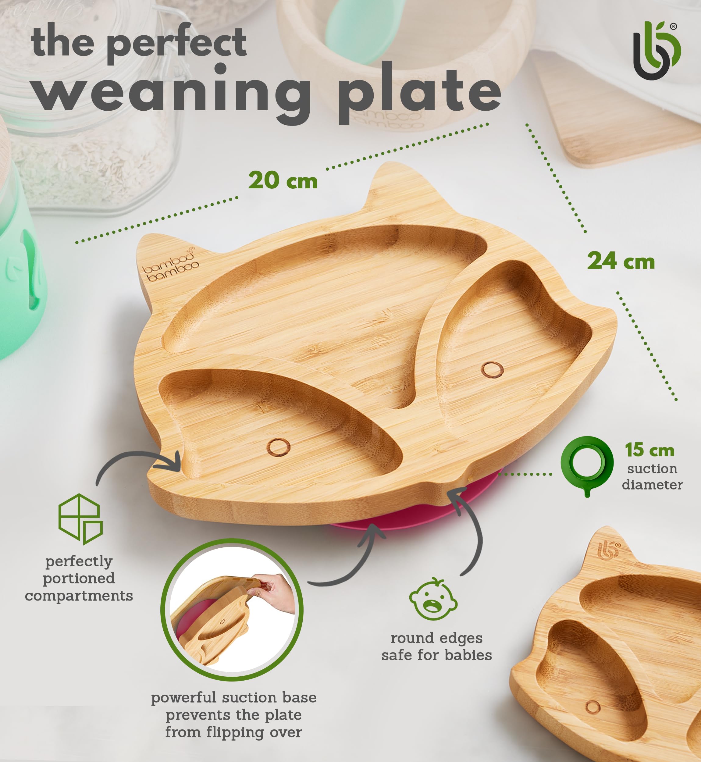 bamboo bamboo® ventouse pour bébé plat d’alimentation à ventouse, en bambou naturel En forme de tecirc te de renard (Empaqueter Rose)
