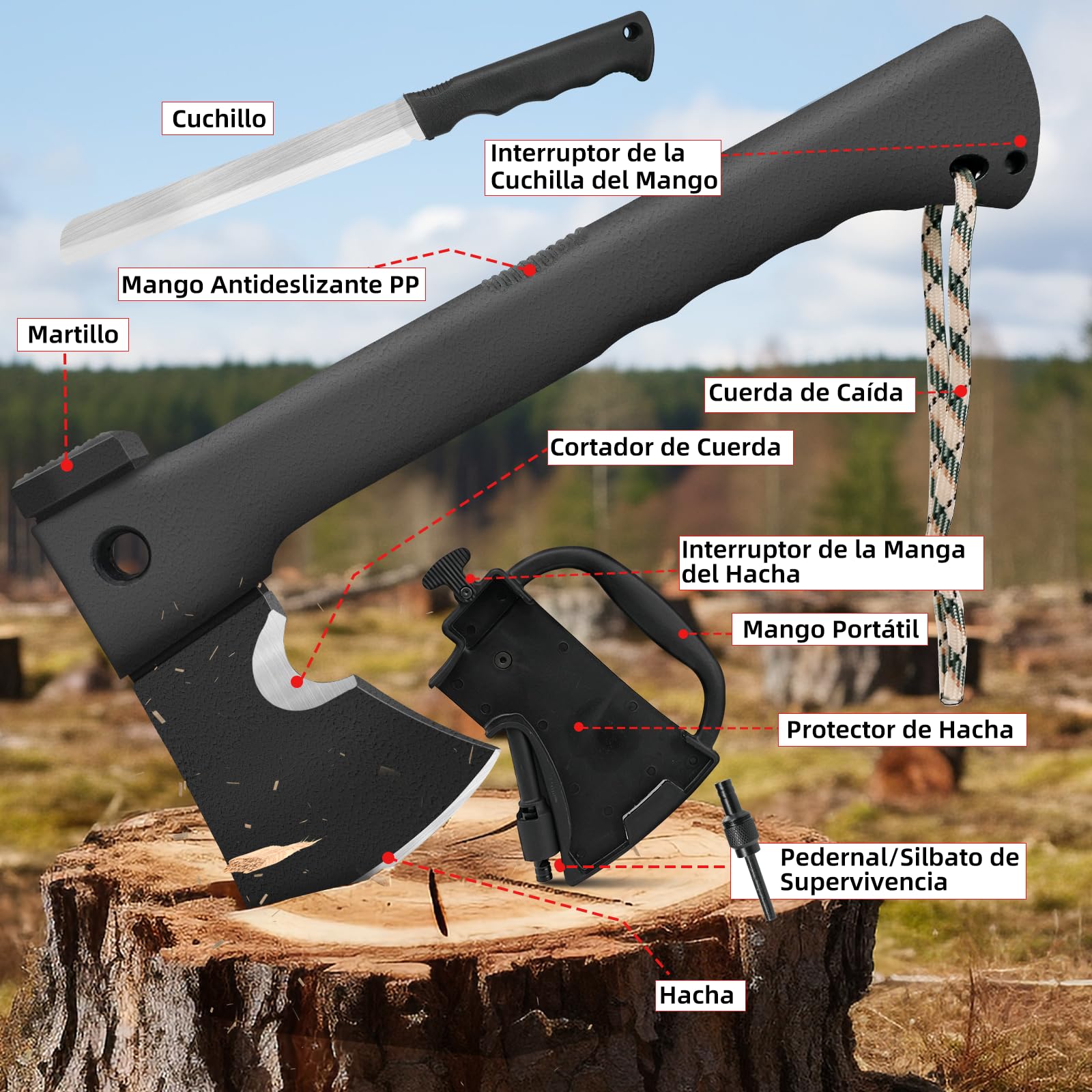 ZKH Hacha Camping 6 en 1, Herramienta Multifunción, Supervivencia en Camping, Cierre de Seguridad, Ligera, Fácil de Llevar Regalo de Hombre para Canguro, Outdoor, Reparación, Senderismo