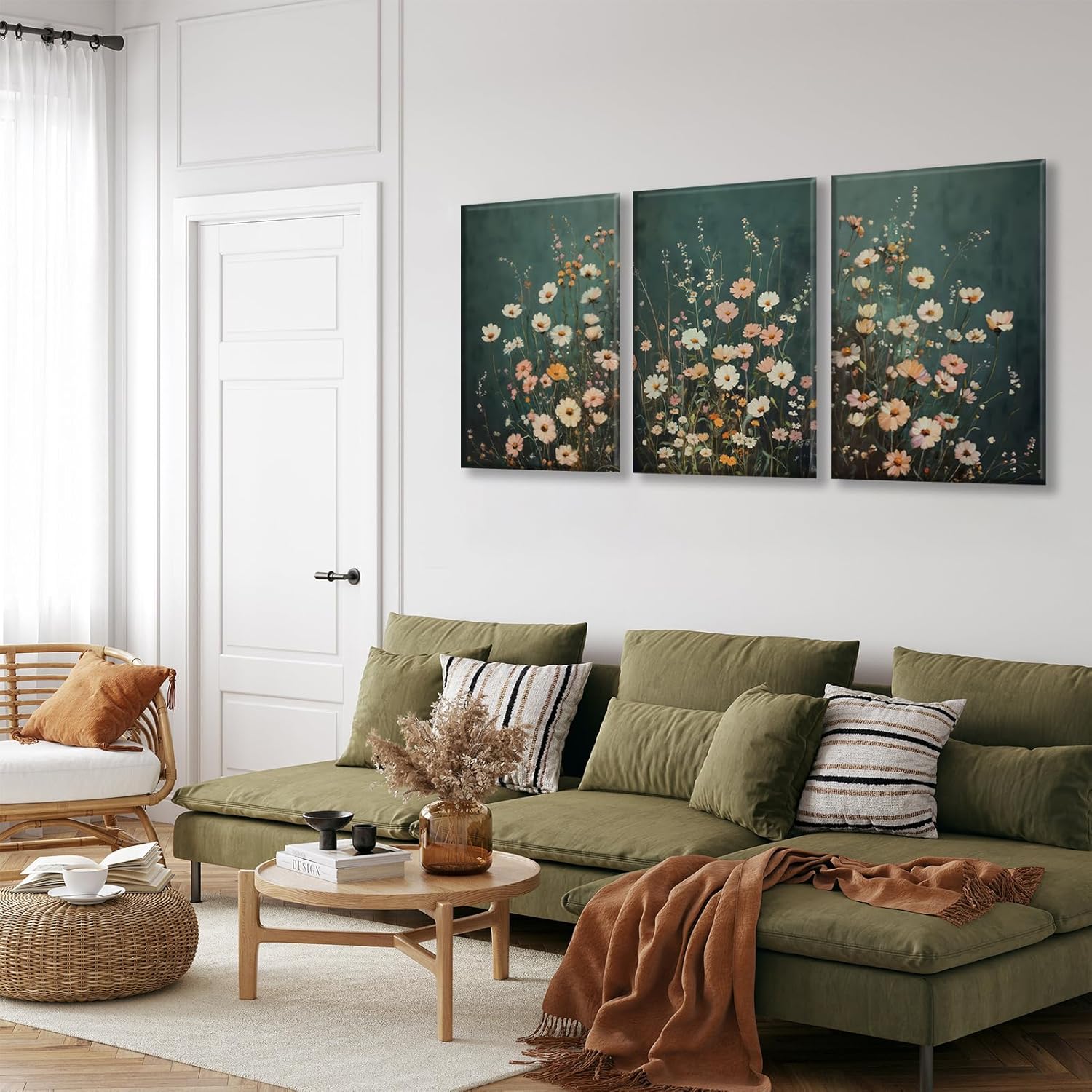 Wildflowers flower Canvas Wall Art Emerald Green Wall Decor Pictures Botanical Landscape Painting Wildflower Field Prints Modern Farmhouse Floral artwork for bedroom bathroom decoration 12x16in