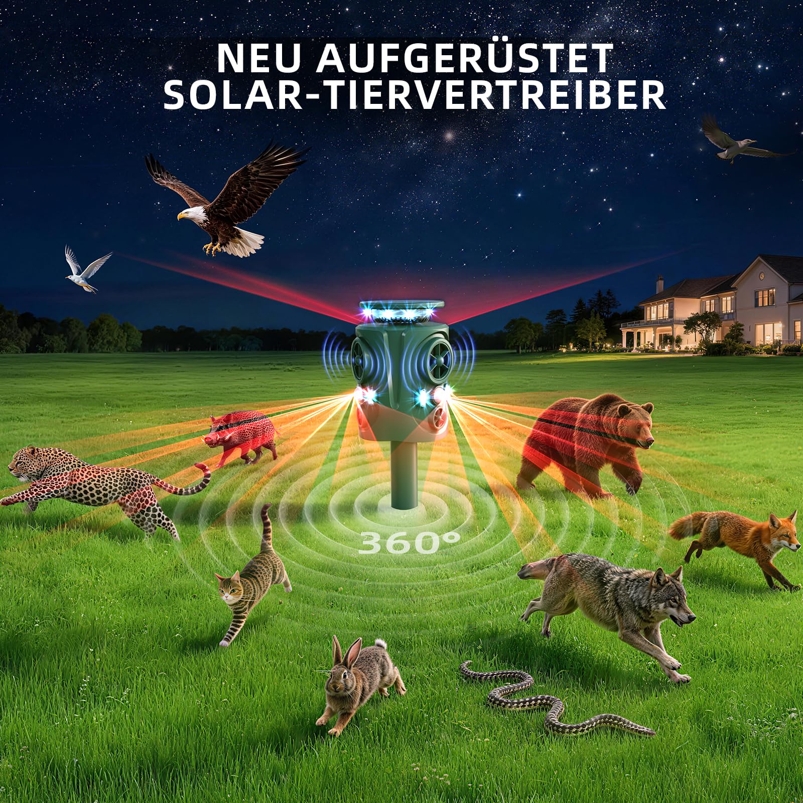 Katzenschreck Ultraschall Marderschreck, 360 Grad Katzenschreck für Garten mit LED-Blitzlicht, IP66 Wasserdicht 5 Modus Solar Tiervertreiber – Katzenabwehr Marderabwehr Vogelabwehr Waschbär Abwehr