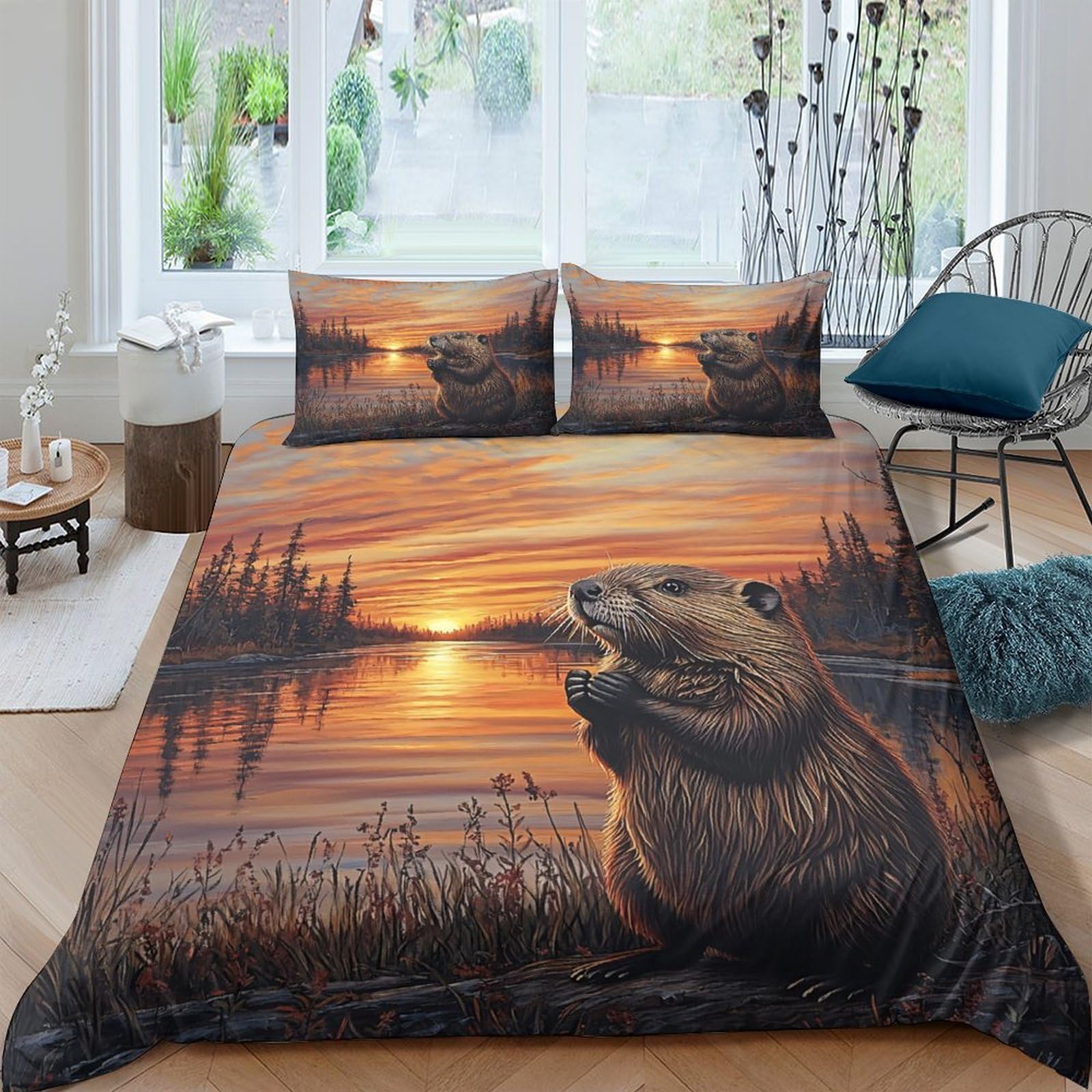 Ctjqhvkz Style-5 3D Printed Sunset Lake View Fitted Sheet Microfiber Soft Breathable Beaver Animal Mattress Cover Bedroom Decor Single（135X200cm）