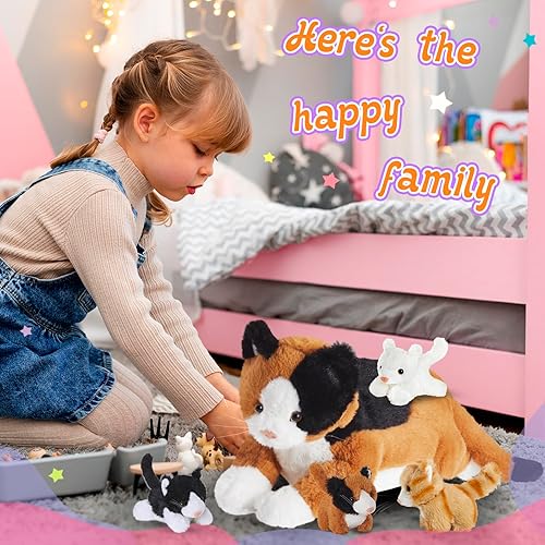 Miniatura 4 de Houwsbaby Juego de 5 juguetes de peluche para gatos, mamá gato con 4 gatitos, sorpresa de gatito, animales de peluche para padres e hijos para