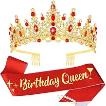 CURASA Gold and Red Birthday Crown Adult Woman & Glitter Queen of Hearts Birthday Queen Sash Princess Tiara for Party Decorations Celebrations