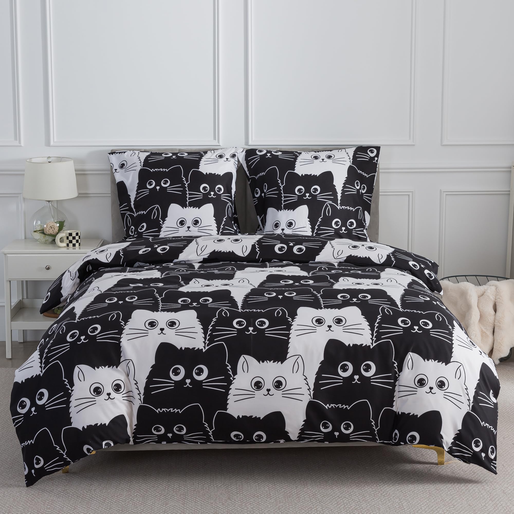 WUMIUER Bettwäsche 240x220 3teilig Bettbezug - Süß Schwarz Weiß Katzen Muster Bettwäsche-Set 240 x 220 cm und 2 Kissenbezüge 80x80cm mit Reißverschluss, Weich Leicht Doppelbett Bettdeckenbezug