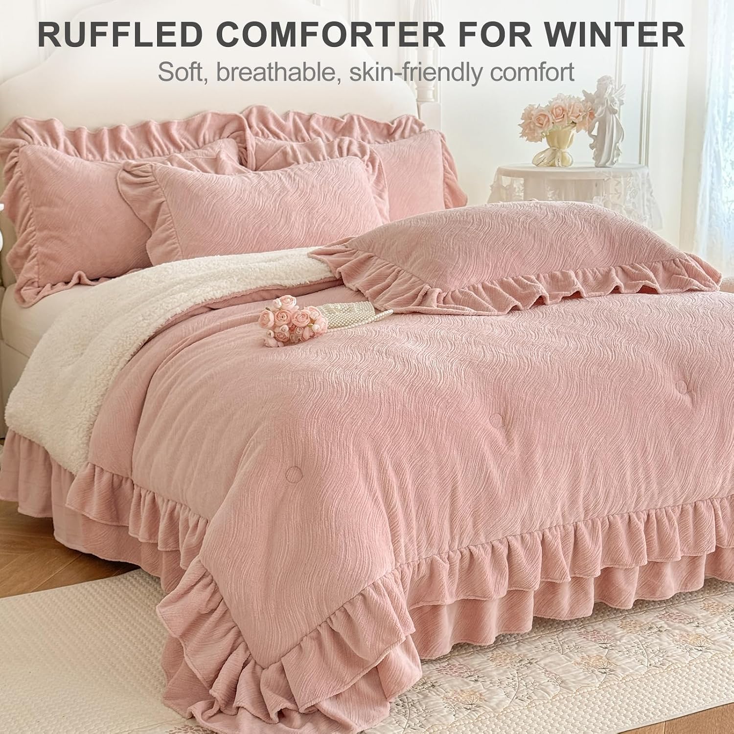 Fluffy Sherpa Comforter Set Queen,Super Soft Fleece Pink Ruffle Bedding