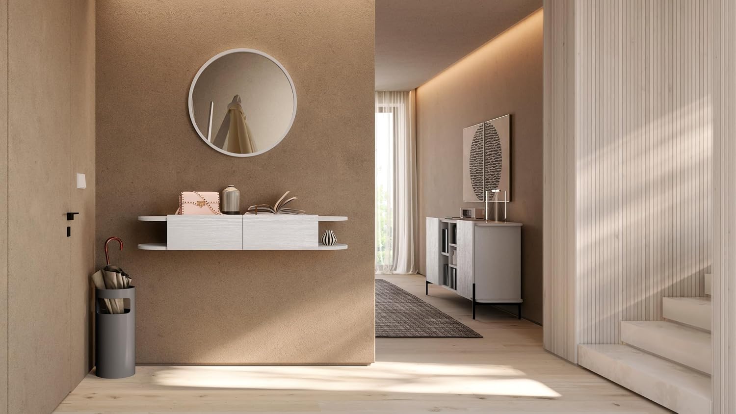 Mobili Fiver, Wall Mounted Console Table Olivia with 2 Drawers, Ashwood White, NO, Display Table for Hallway and Living Room, Console Table for Entryway, Italian Furniture