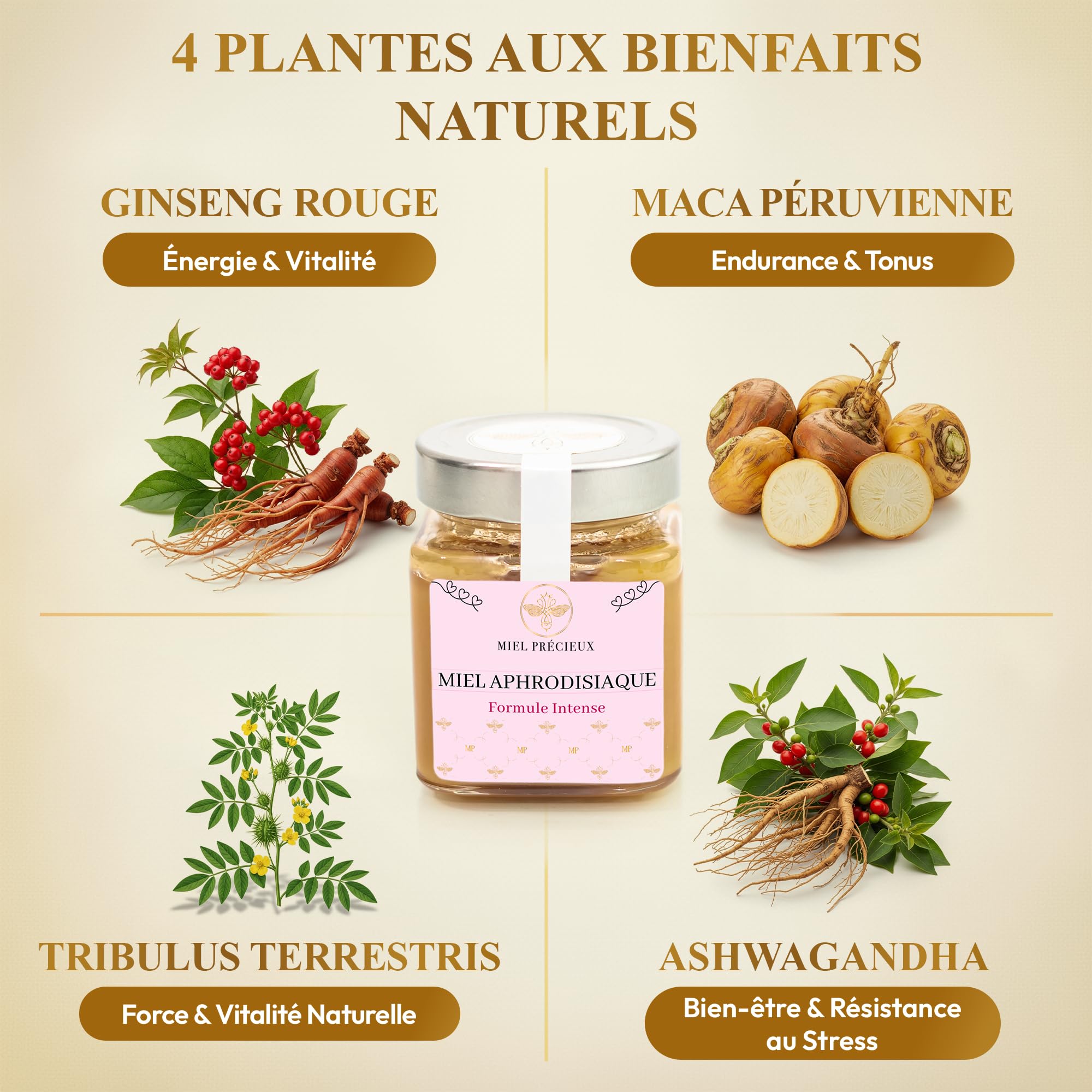 Miel Aphrodisiaque Puissant Ginseng Rouge, Maca, Tribulus, Ashwagandha | Énergie et Vitalité pour Homme et Femme | 100% Naturel | 250g | Miel Précieux