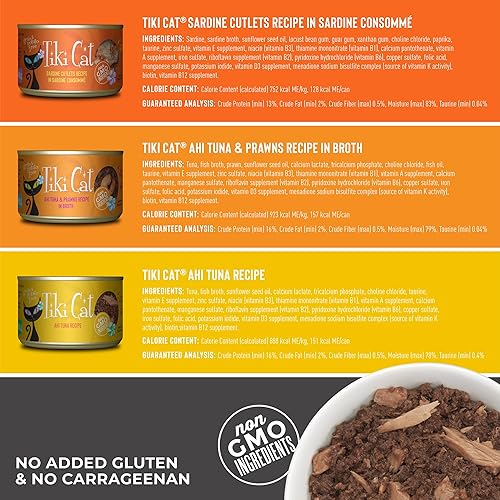 Miniatura 4 de Tiki Cat Grill - Alimento húmedo bajo en carbohidratos con mariscos enteros en caldo para gatos y gatitos adultos, 6 onzas, 8 unidades, variedad