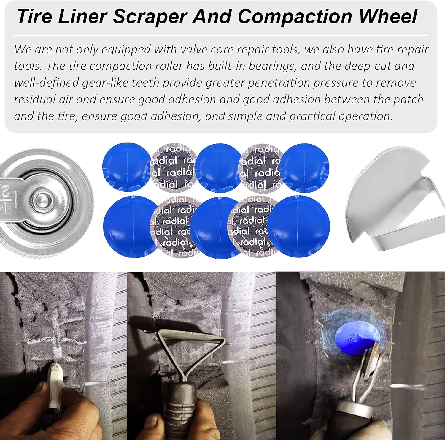 Wokape 70Pcs Tire Patch Kit Heavy Duty, Tire Roller, Liner Scraper, Rubber Repair Patches, Valve Core Removal Tool with Tire Valve Caps, Valve Core, 4-Way Valve Tool and Valve Core Wrench