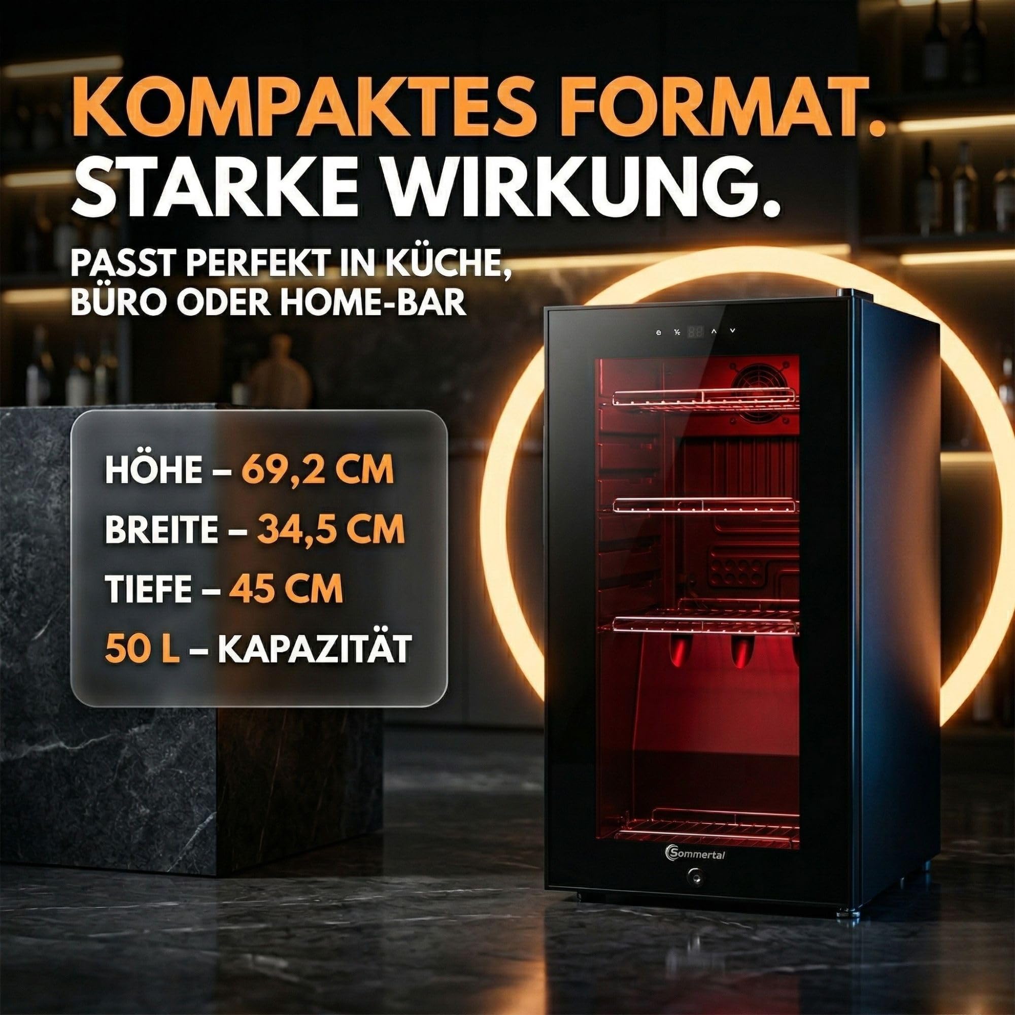 Sommertal GK50 Kühlschrank mit Glastür 50L Leiser Getränkekühlschrank RGB LED Touchscreen Schloss Schwarz