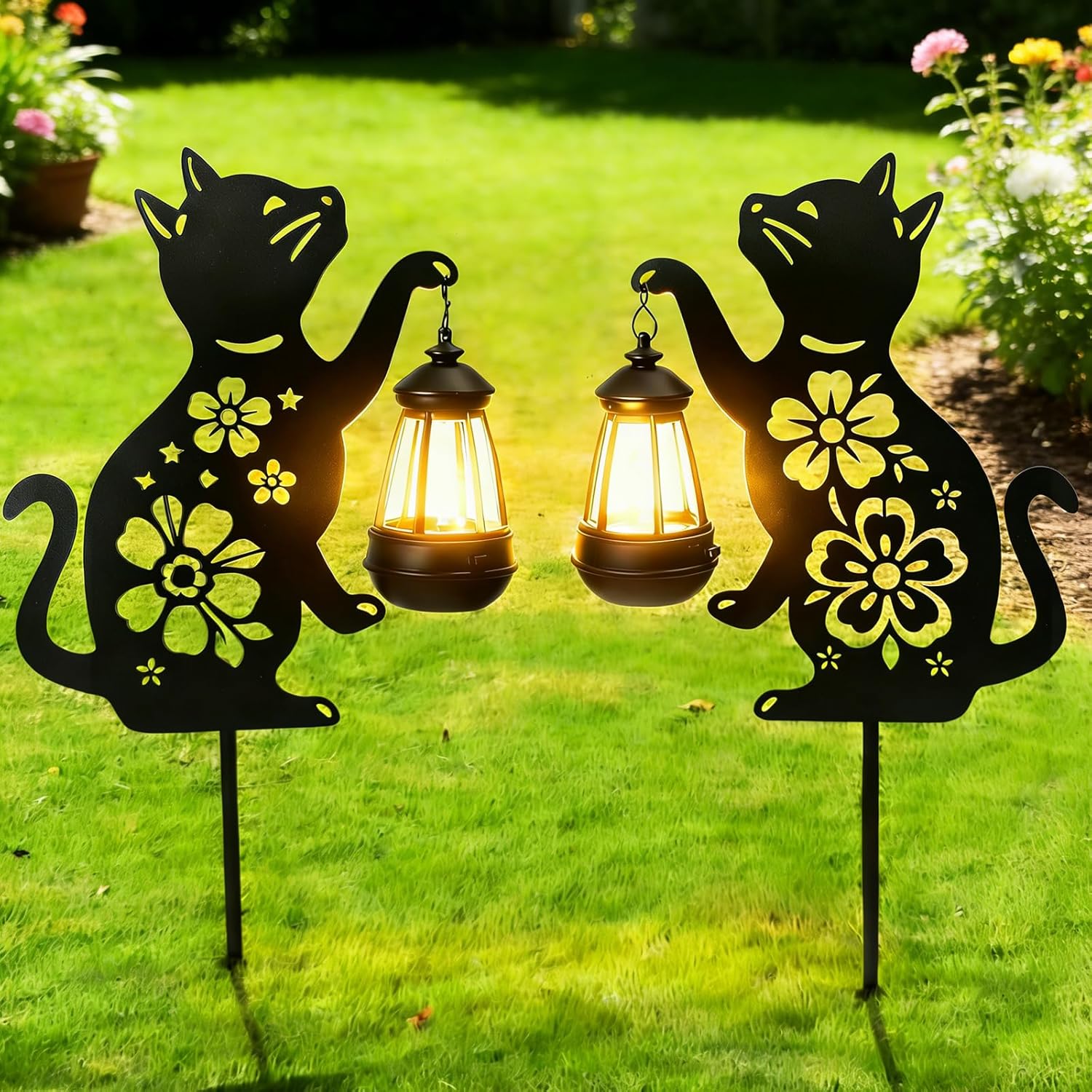 2 Pack Black Cat Solar Lights Set Metal Decorative Solar Cat Hanging Lights Outdoor Set Unisex Pet Gift Waterproof Garden Decor,Outdoor Ornament Perfect for Women' Birthdays, Mother's Day