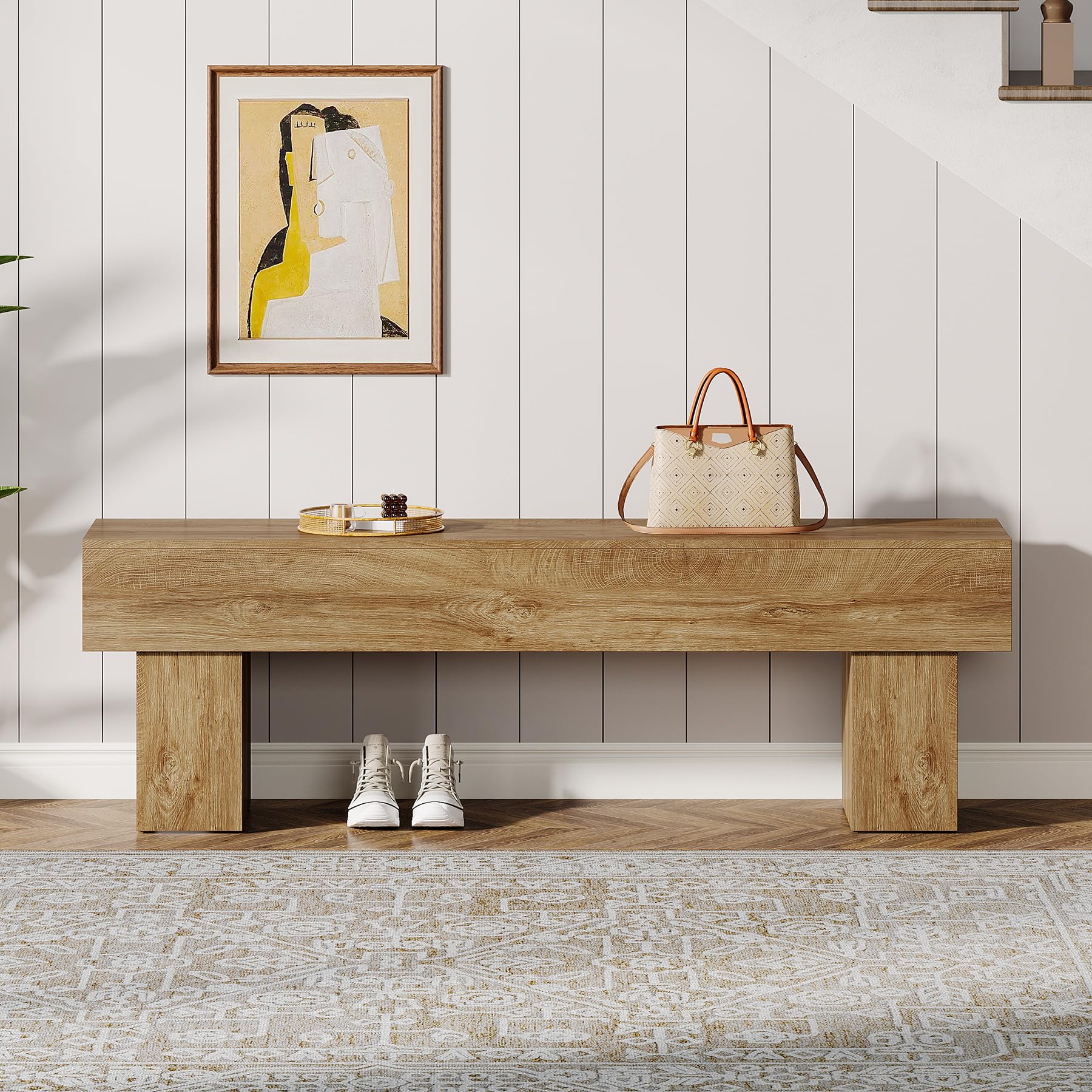 Tribesigns Banc d'entrée de 160 cm, Banc rustique de style ferme, Banc à chaussures en bois pour couloir, salon, bout de lit, brun clair'