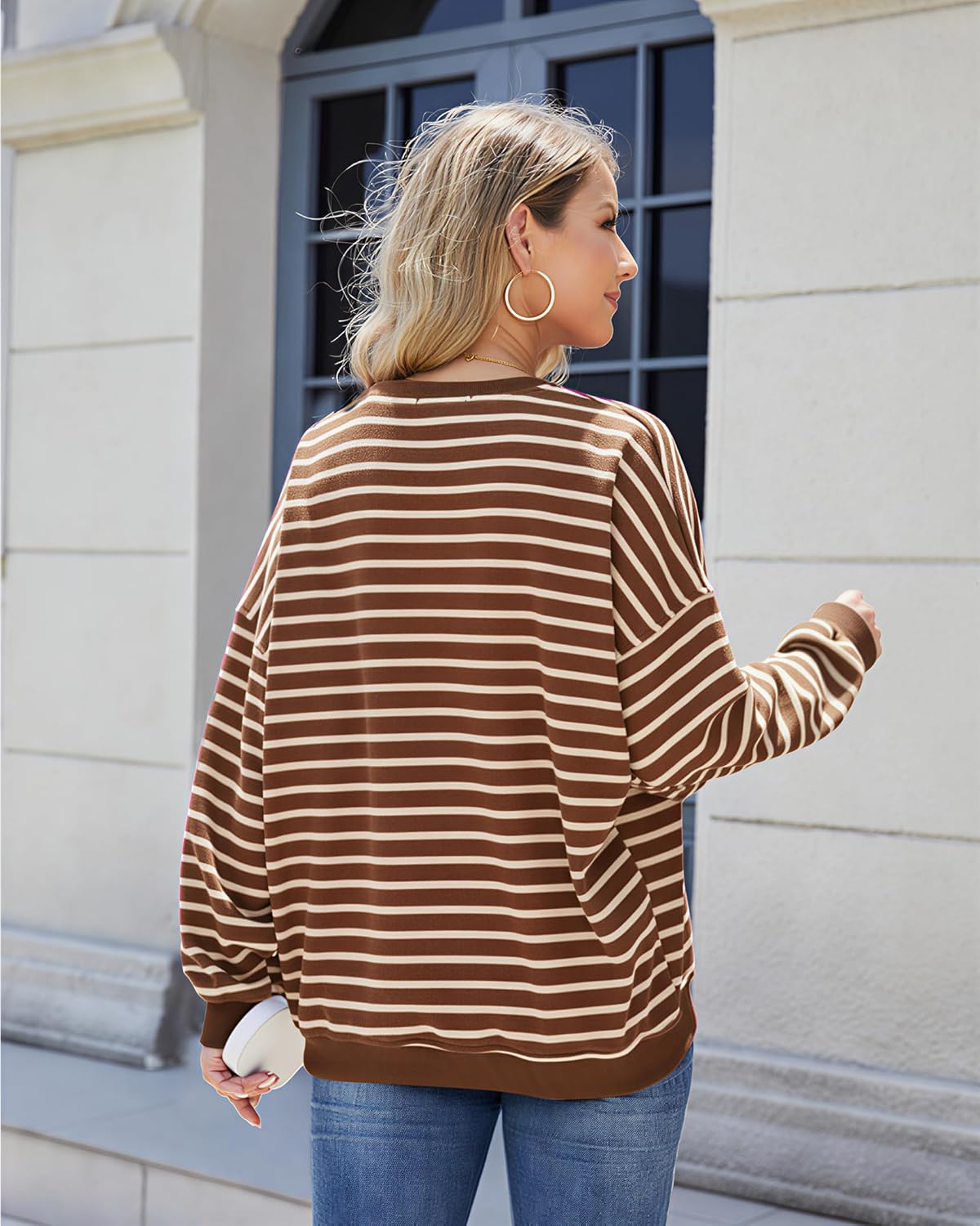 Women's Striped Oversized Sweatshirt, Long Sleeve Crewneck Pullover Top, Casual Fall Clothes - Image 6