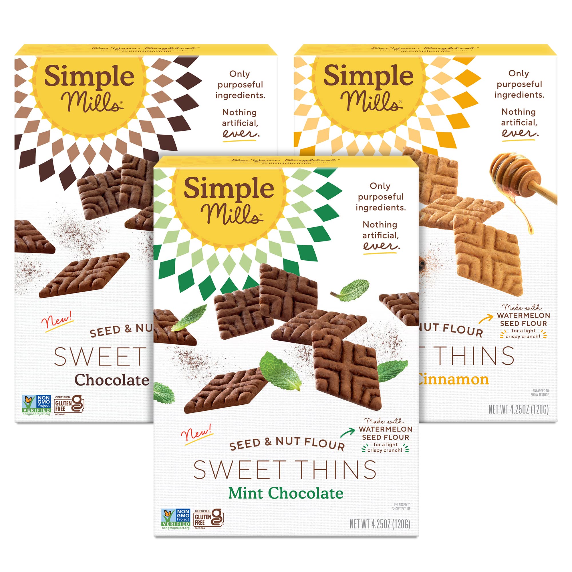 Simple Mills Sweet Thins Variety Pack Seed & Nut Flour Cookies (Mint Chocolate Chip, Honey Cinnamon, Chocolate Brownie), Paleo Friendly, Good for Snacks, Nutrient Dense, 4.25 oz (Pack of 3)