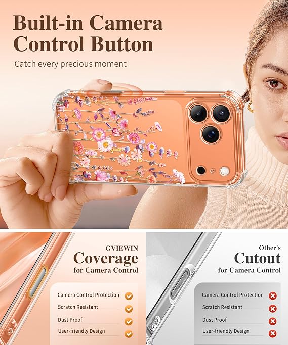 GVIEWIN for iPhone 17 Pro Case with Screen Protector, Upgraded [Full Camera Protection] [Non Yellowing] Floral Slim Shockproof Clear Women Phone Cover for iPhone 17 Pro 6.3 (Floratopia/Colorful)