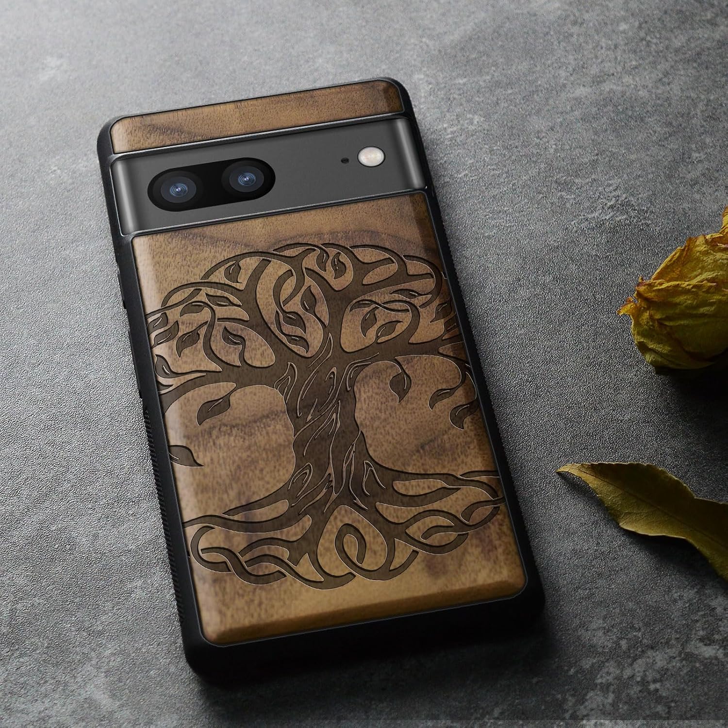 Carveit Wood Case for Pixel 8 Case [Natural Wood & Black Soft TPU] Shockproof Protective Unique Wooden Cover Compatible with Google Pixel 8 (Celtic Tree of Life-Walnut)