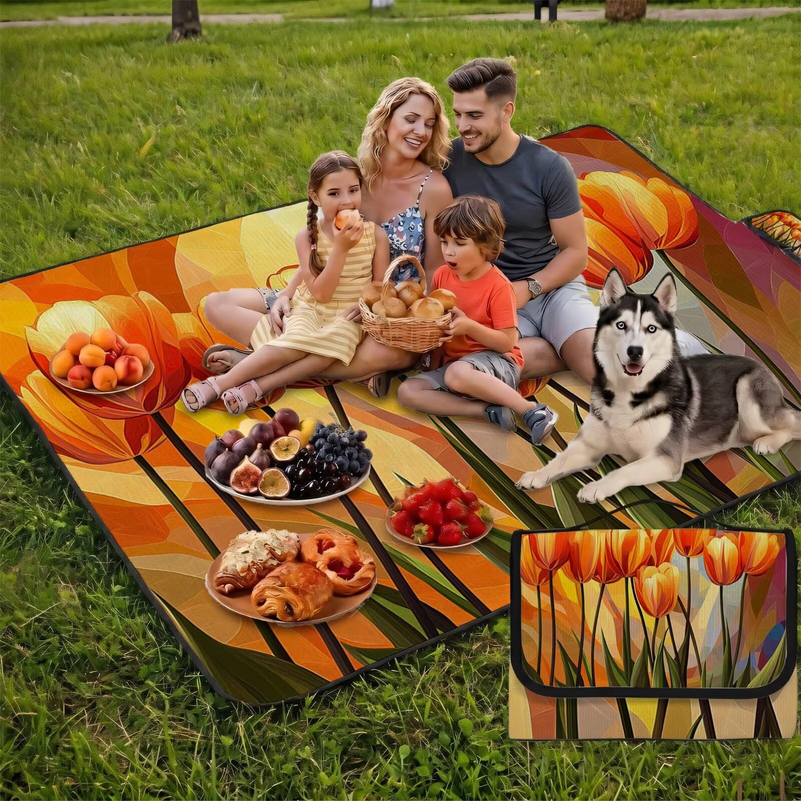 Couverture Pique Nique Grande 200x300cm,Outdoor Couverture Imperméable,Pliable Tapis de Plage Dos en PVC,Picnic Blanket pour Camping Accessoires,Jardin,Parc,Famille - Orange brûlé,Tulipe UZ-357
