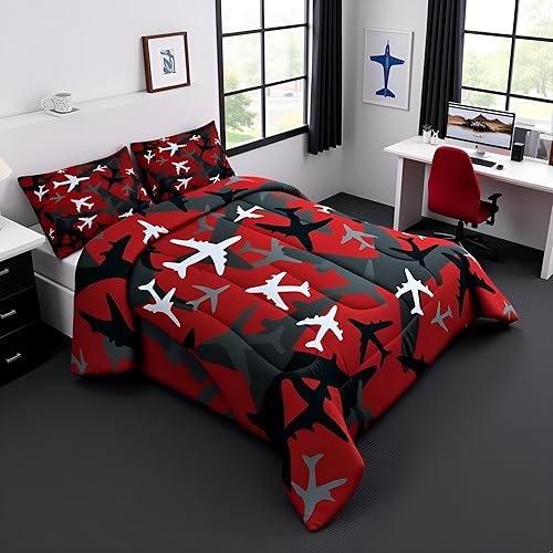 Juego de ropa de cama con diseño de avión de camuflaje, tamaño individual para niños, negro, gris, rojo, camuflaje, juego de edredón de 2 piezas,