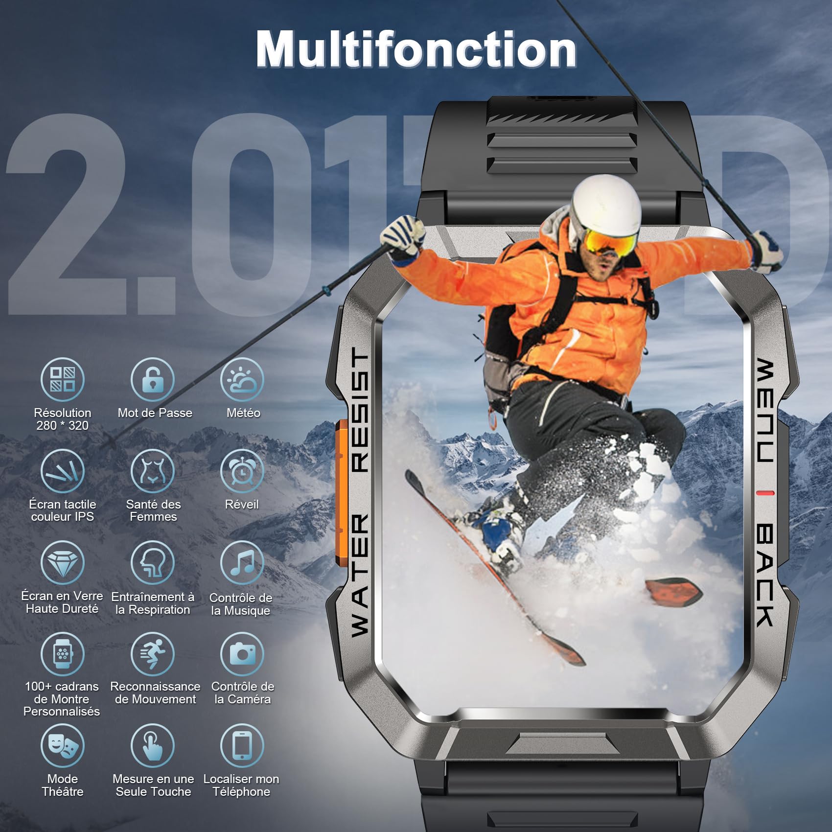 Militaire Montre Connectée Homme Femme, 2.01" HD, Batterie 900mAh, Appels Bluetooth, Lampe LED, Fréquence Cardiaque & SPO₂, Suivi du Sommeil, 100+ Modes Sportifs,2 Bracelets inc, Android iOS