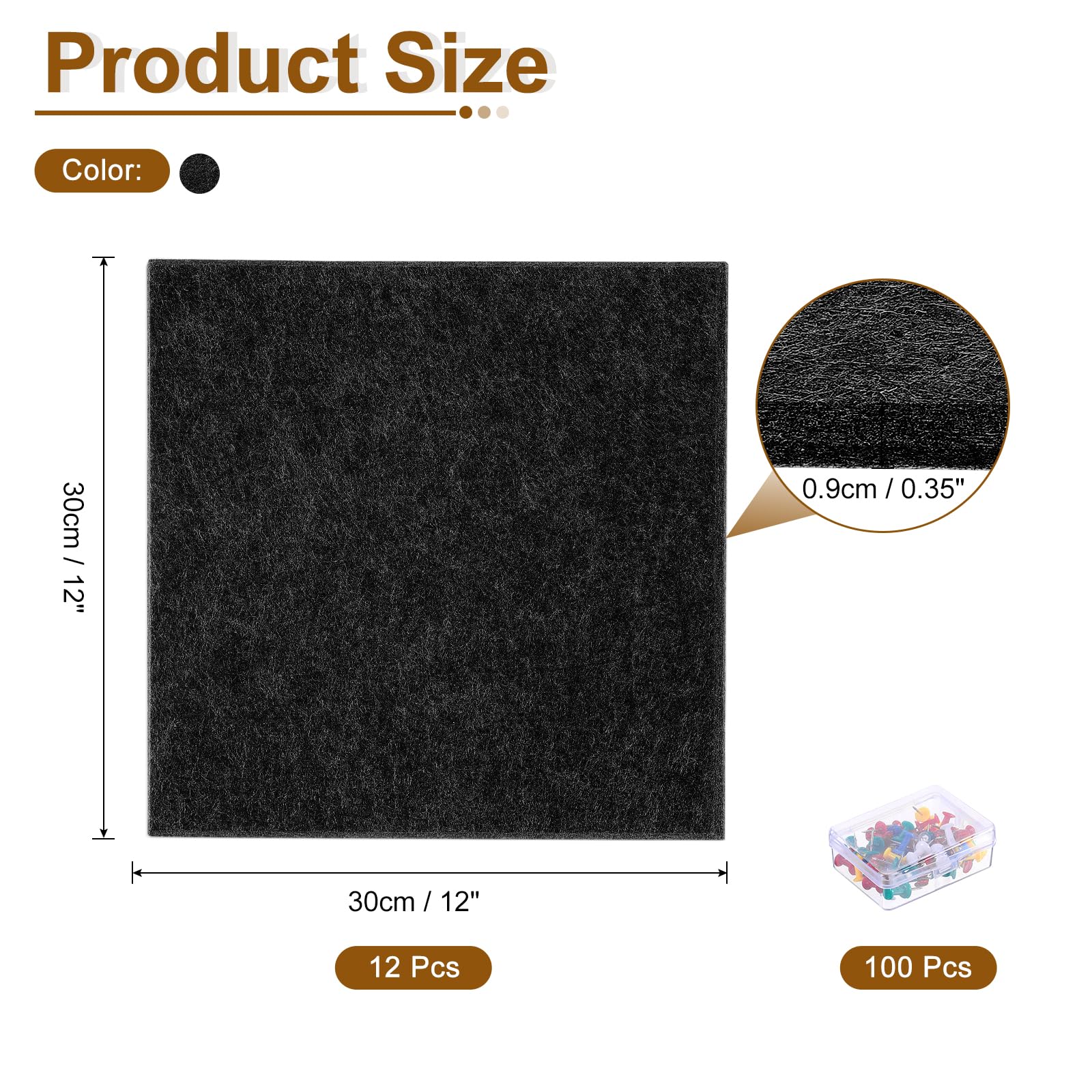 QUARKZMAN 12 Pcs Panneaux En Feutre 100 Pcs Punaises 12 x 12 Noir