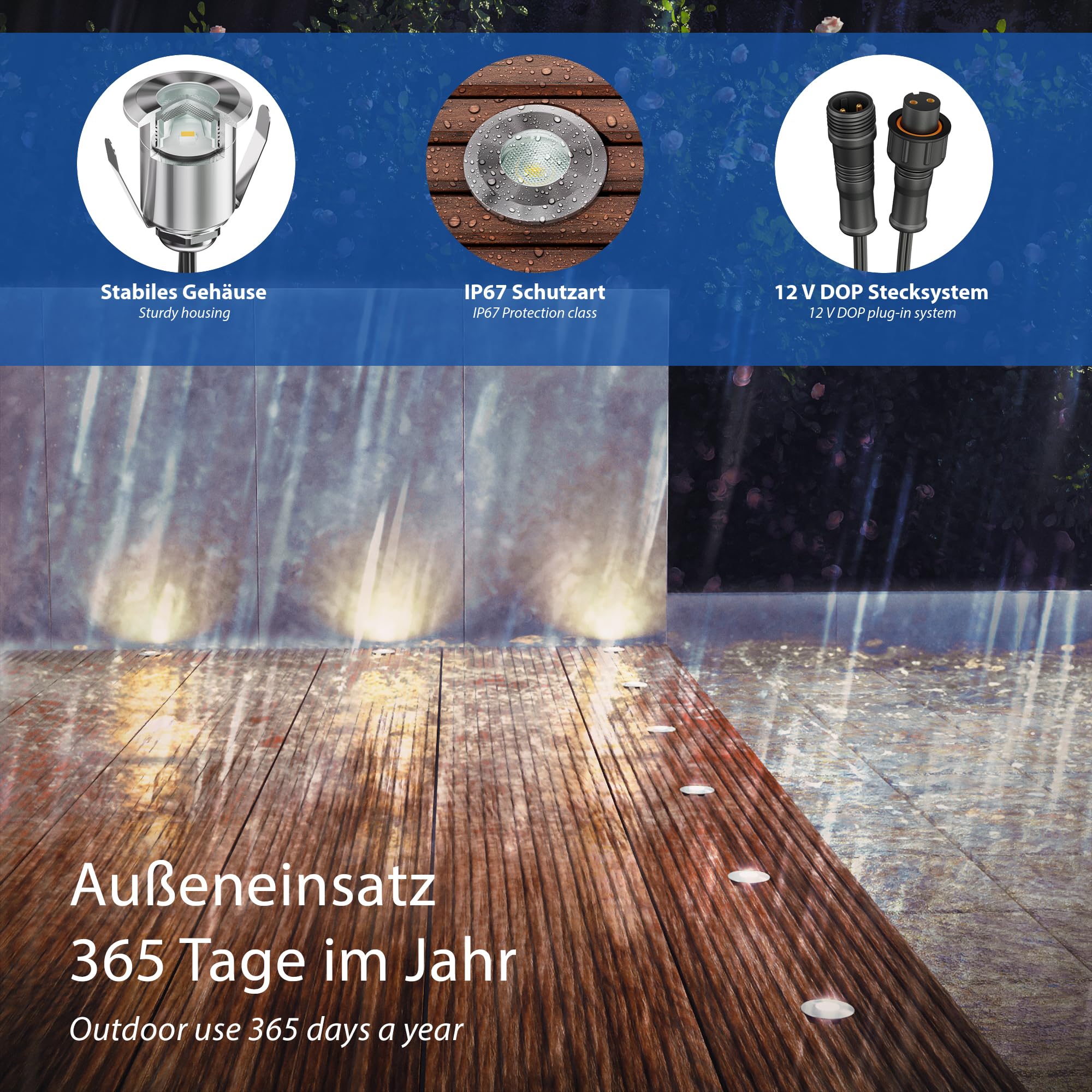 ledscom.de LED Boden-Einbauleuchte BINO für außen, IP67, 32mm Ø, warmweiß, 12er Set