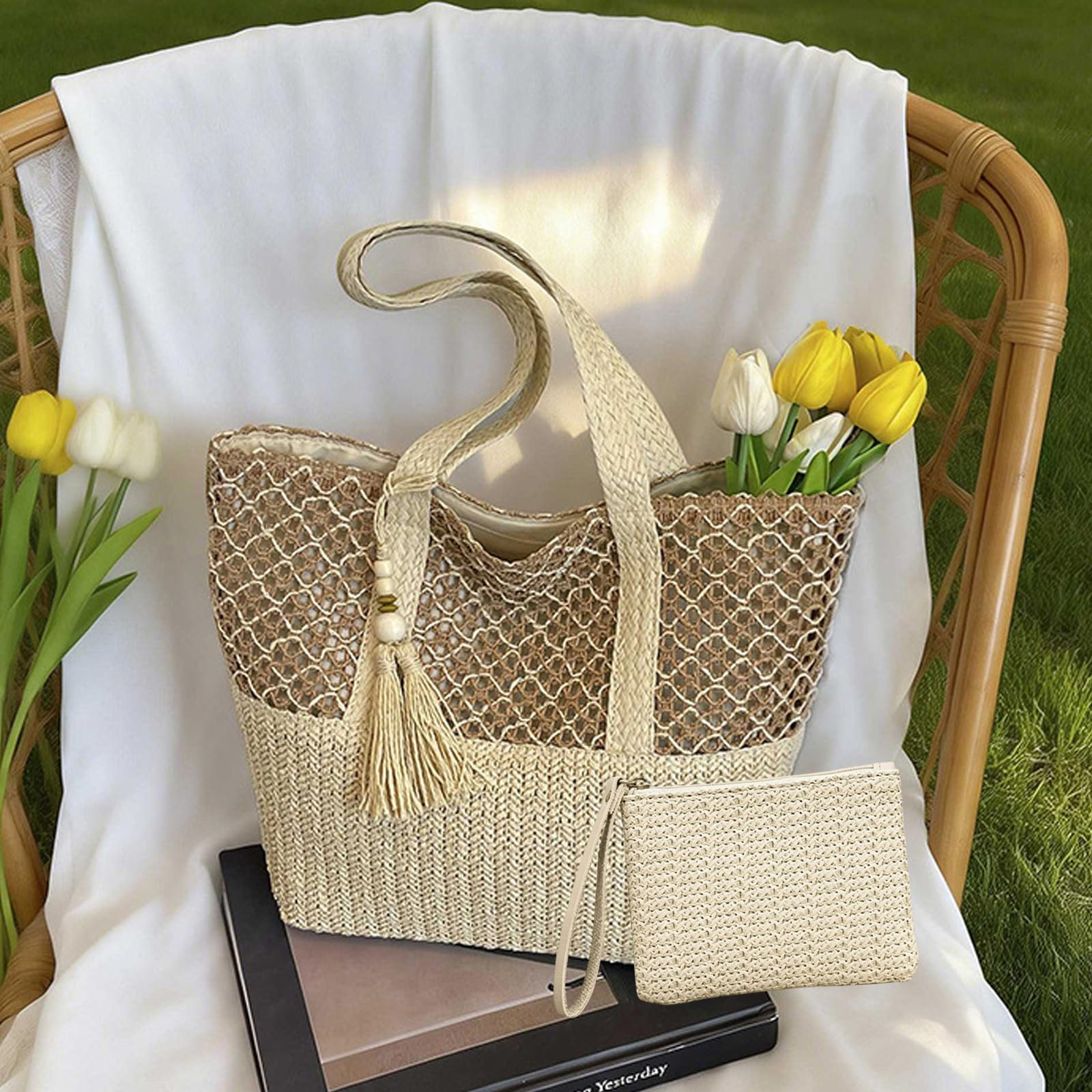 Borsa di Paglia Donna, Borsa Estiva Donna Paglia, Borsas a Tracolla a Maglia per l'Estate, Borsas da Spiaggia per Vacanze Boho, Borse da Mare per Viaggi in Spiaggia & Shopping Tutti Giorni