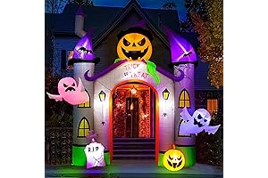 2024 Halloween Inflatables Pumpkin Castle Archway 11FT with Ghost and Trick or Treat LED Lights