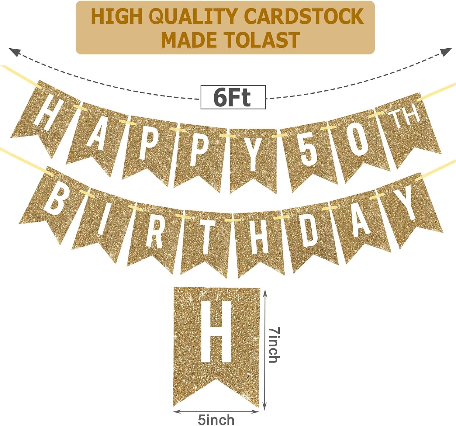 Netnology Pre-Strung Gold Glitter 50th Happy Birthday Banner Decorations image 2