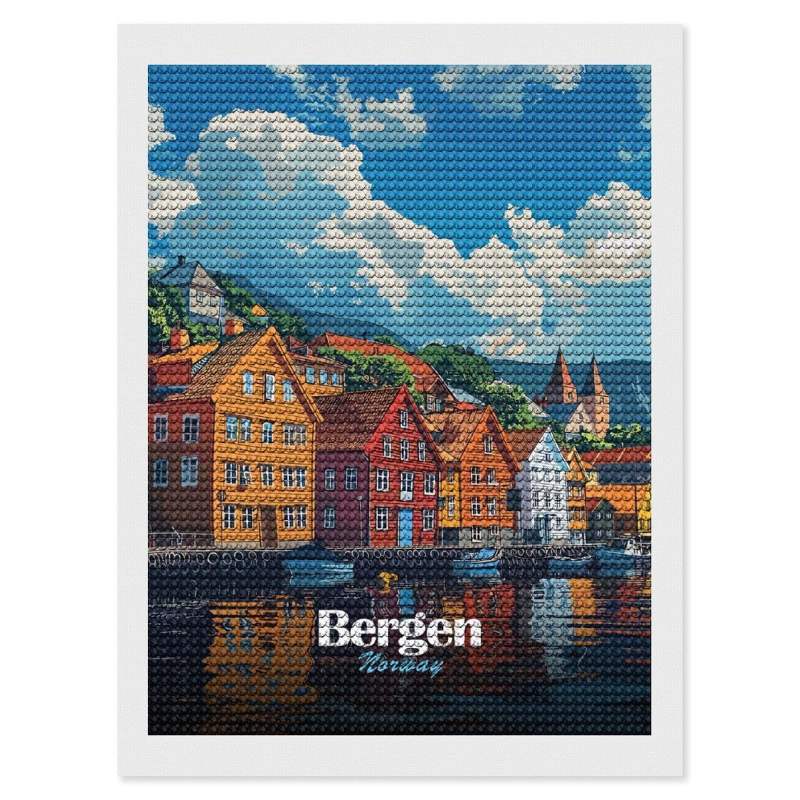 Junmoney Bergen, Norway Cityscape Round Drill Diamond Painting 12"x16", for Adults, Creative Leisure Activity, Office Decor, Holiday Gift Idea