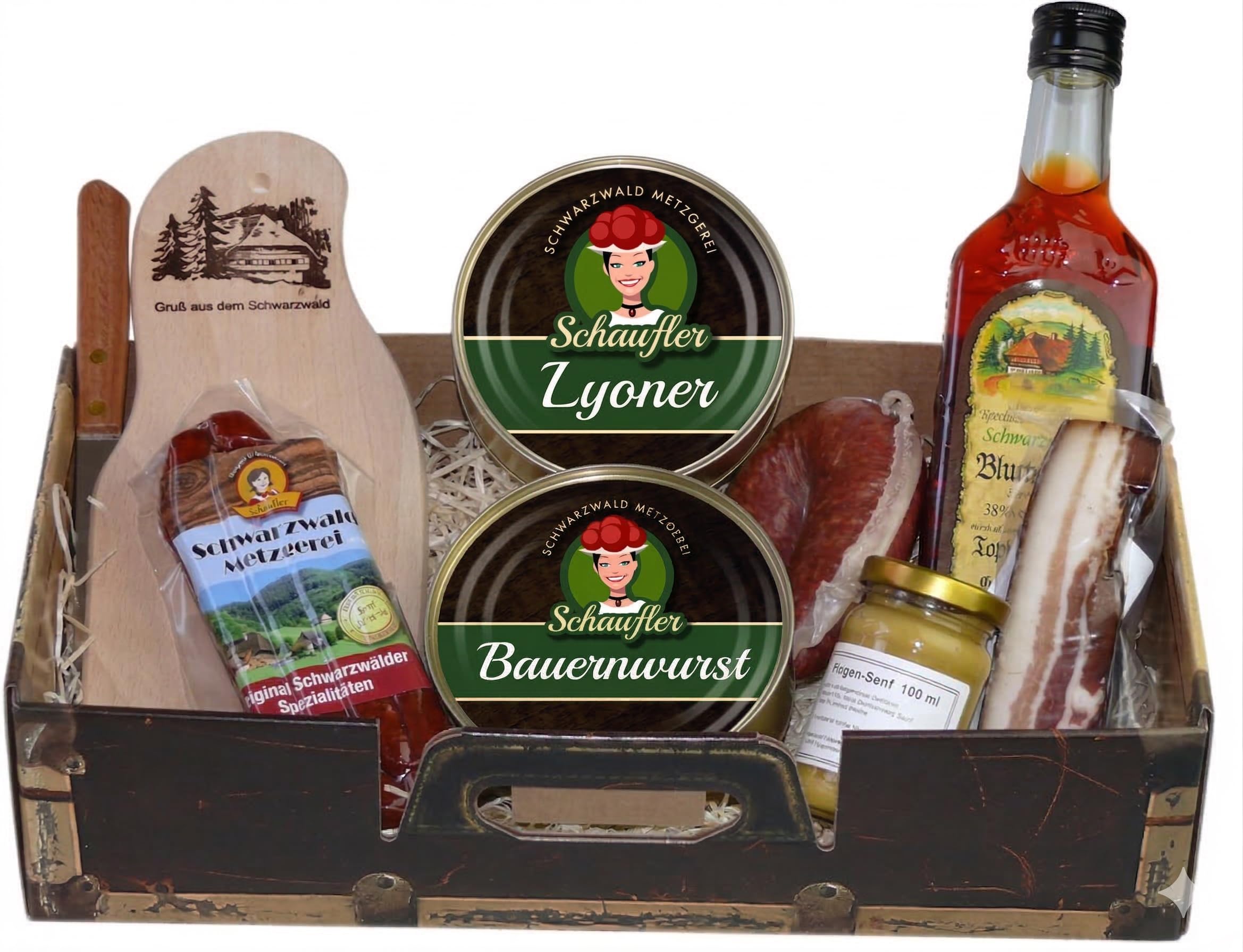 Schwarzwald Metzgerei - Geschenkset "Jause" mit verschiedenen Wurtsspezialitäten, einem Gourmet-Senf, Schneidebrett & -messer - 8-teilig”