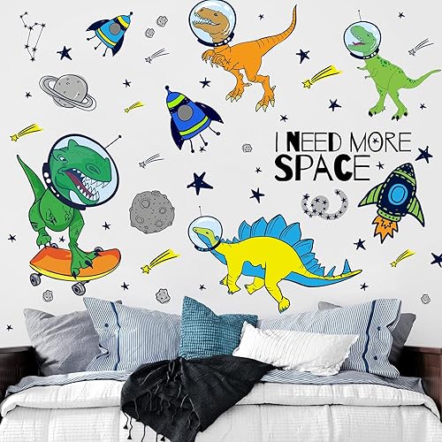 Miniatura 6 de Yovkky Calcomanía de pared de astronautas de dinosaurios espaciales para niños, divertido dinosaurio animal, planeta, decoración de guardería,